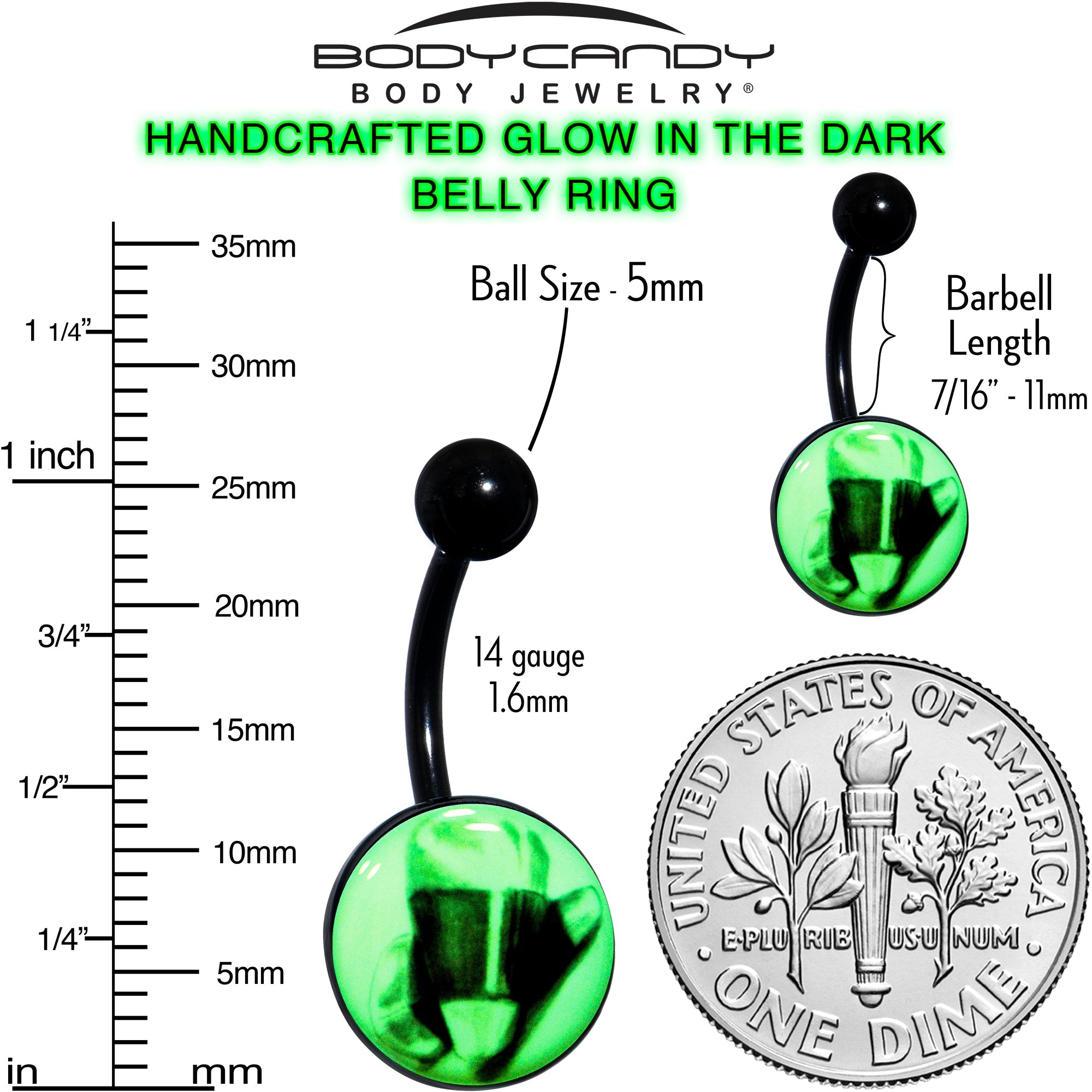 BodyCandy Black Titanium Classic Candy Corn Glow in the Dark Belly Ring — color detail