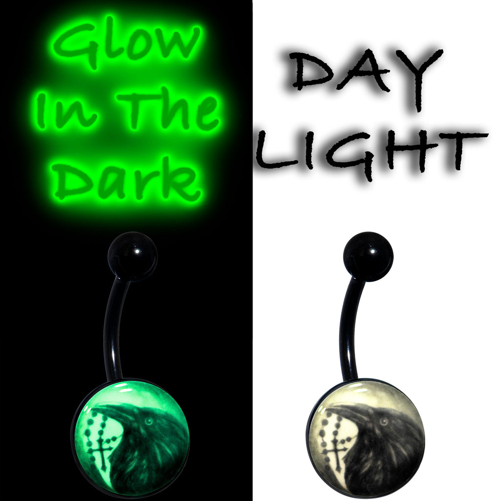 BodyCandy Black Titanium Raven and Cross Glow in the Dark Belly Ring — side view