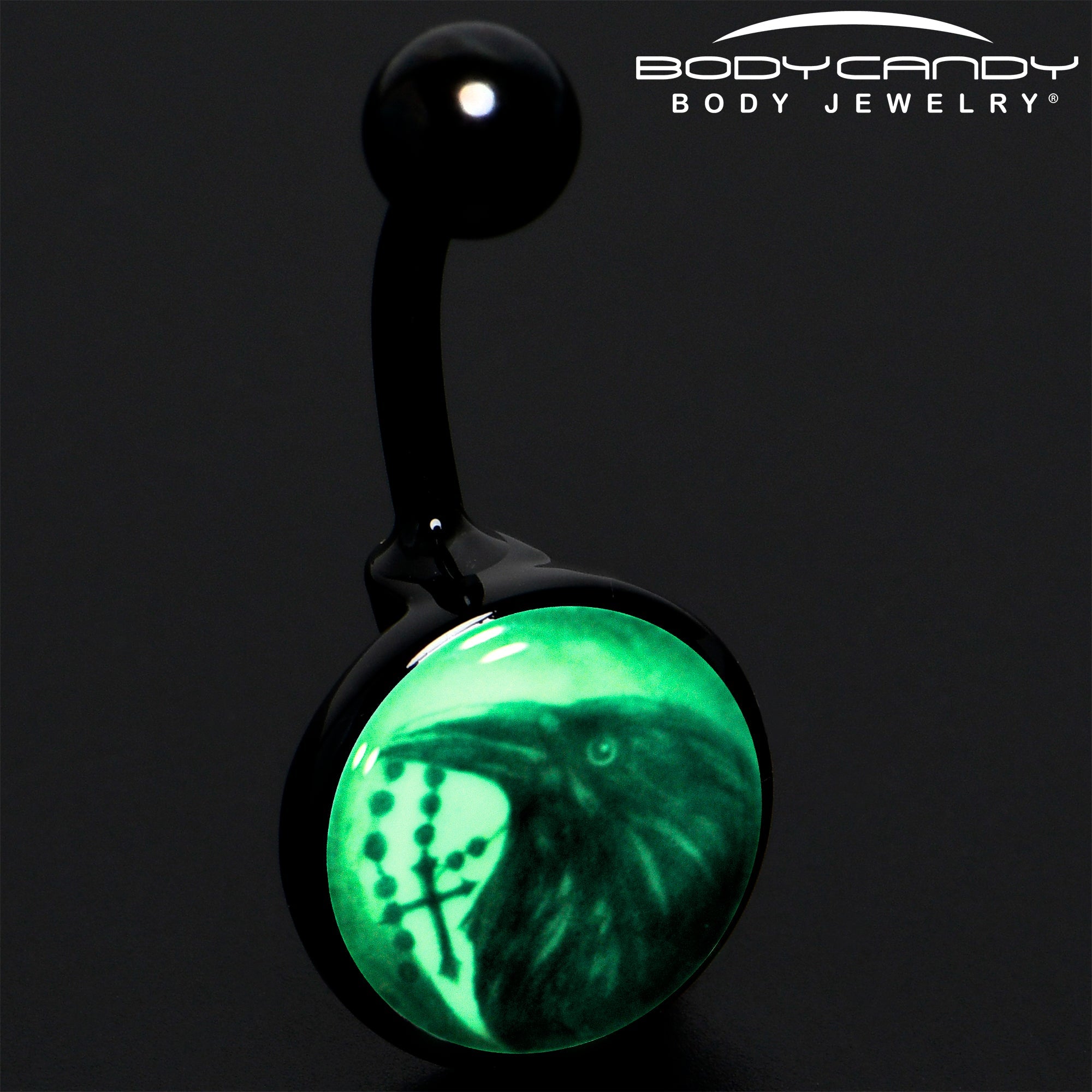 BodyCandy Black Titanium Raven and Cross Glow in the Dark Belly Ring — detail close-up