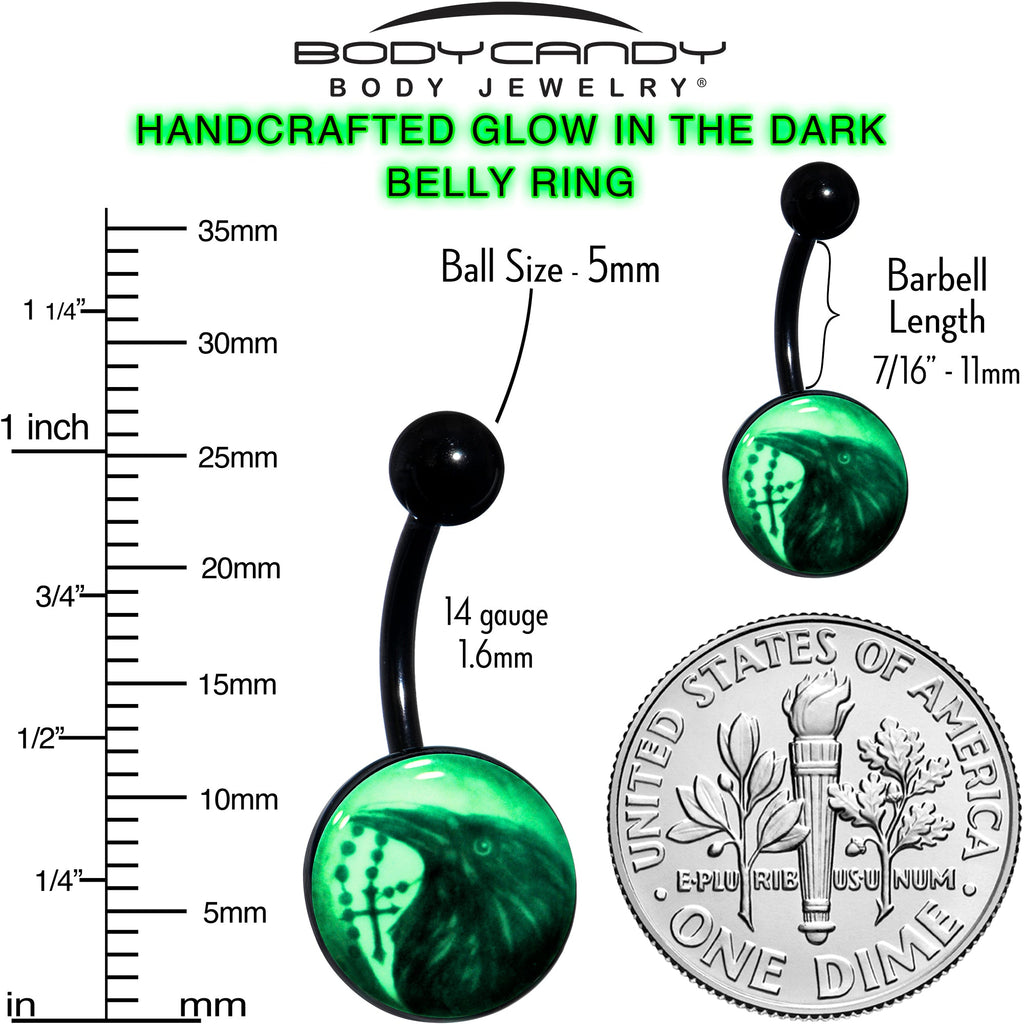BodyCandy Black Titanium Raven and Cross Glow in the Dark Belly Ring — color detail