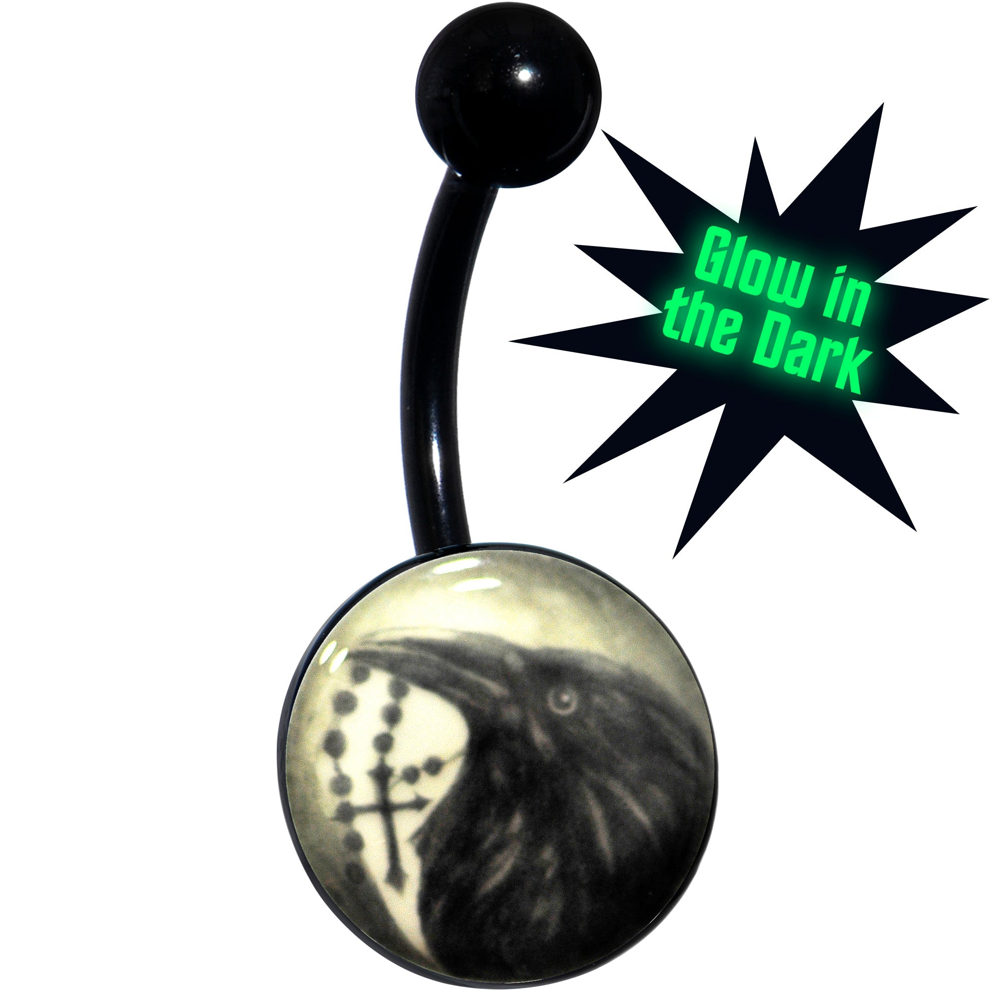 BodyCandy Black Titanium Raven and Cross Glow in the Dark Belly Ring — main product shot