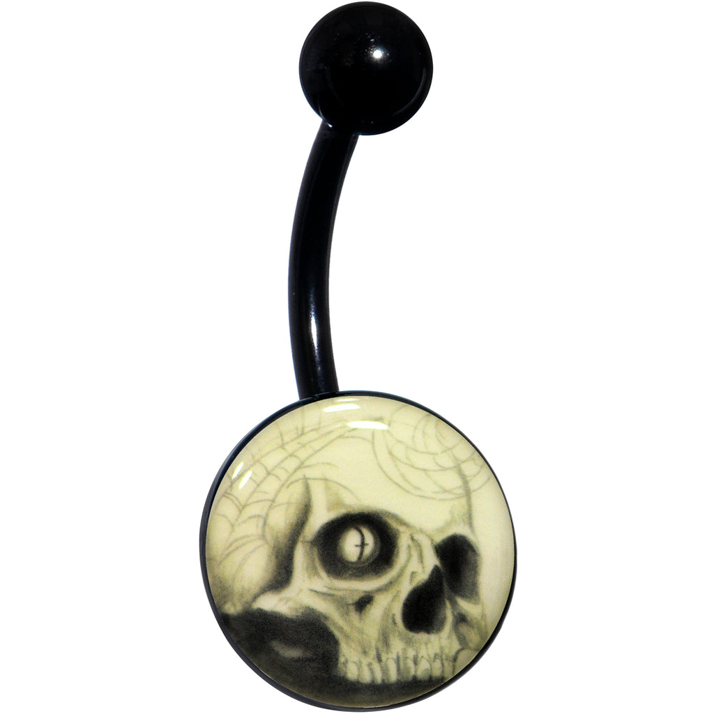 BodyCandy Black Titanium Webbed Skull Glow in the Dark Belly Ring — lifestyle context
