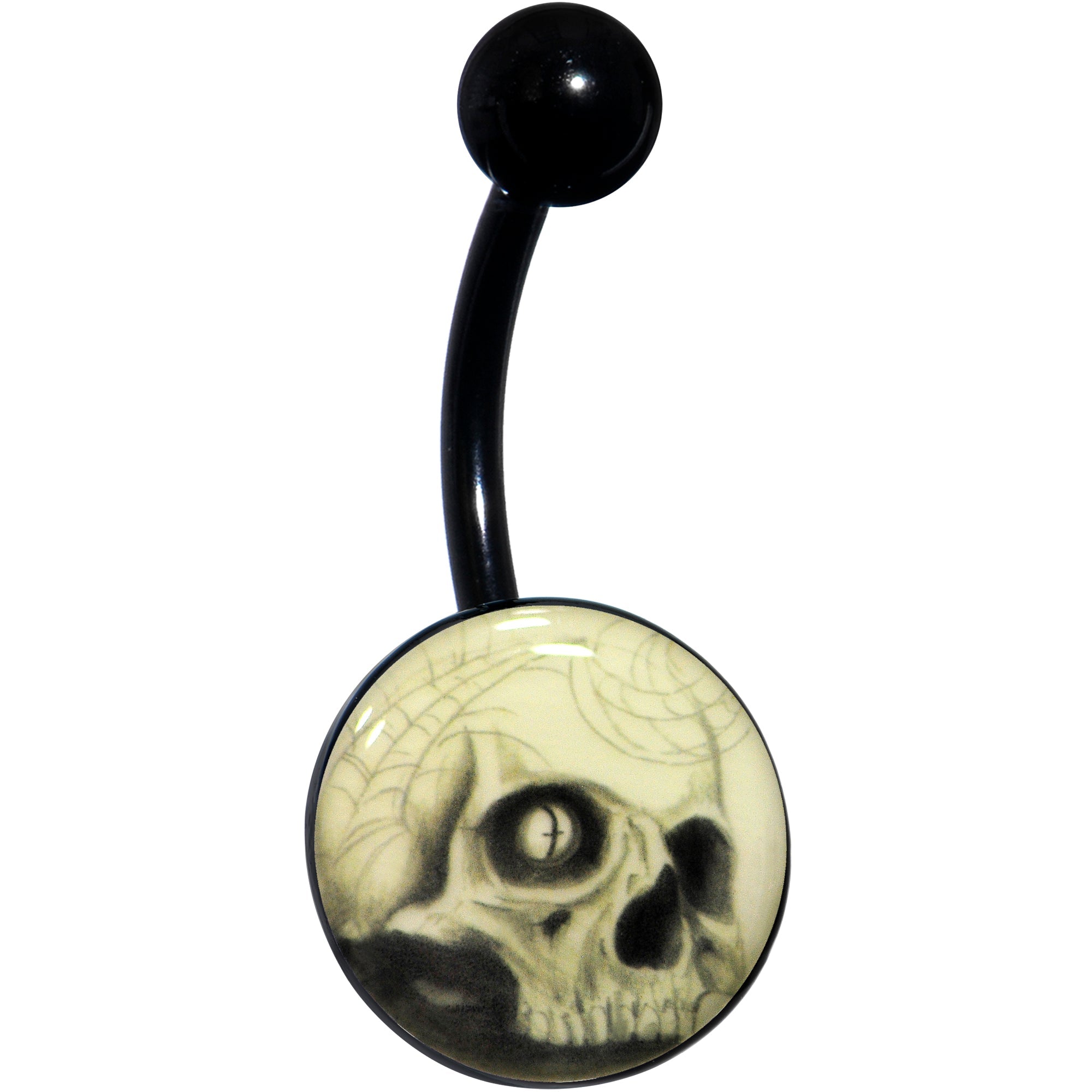 BodyCandy Black Titanium Webbed Skull Glow in the Dark Belly Ring — lifestyle context