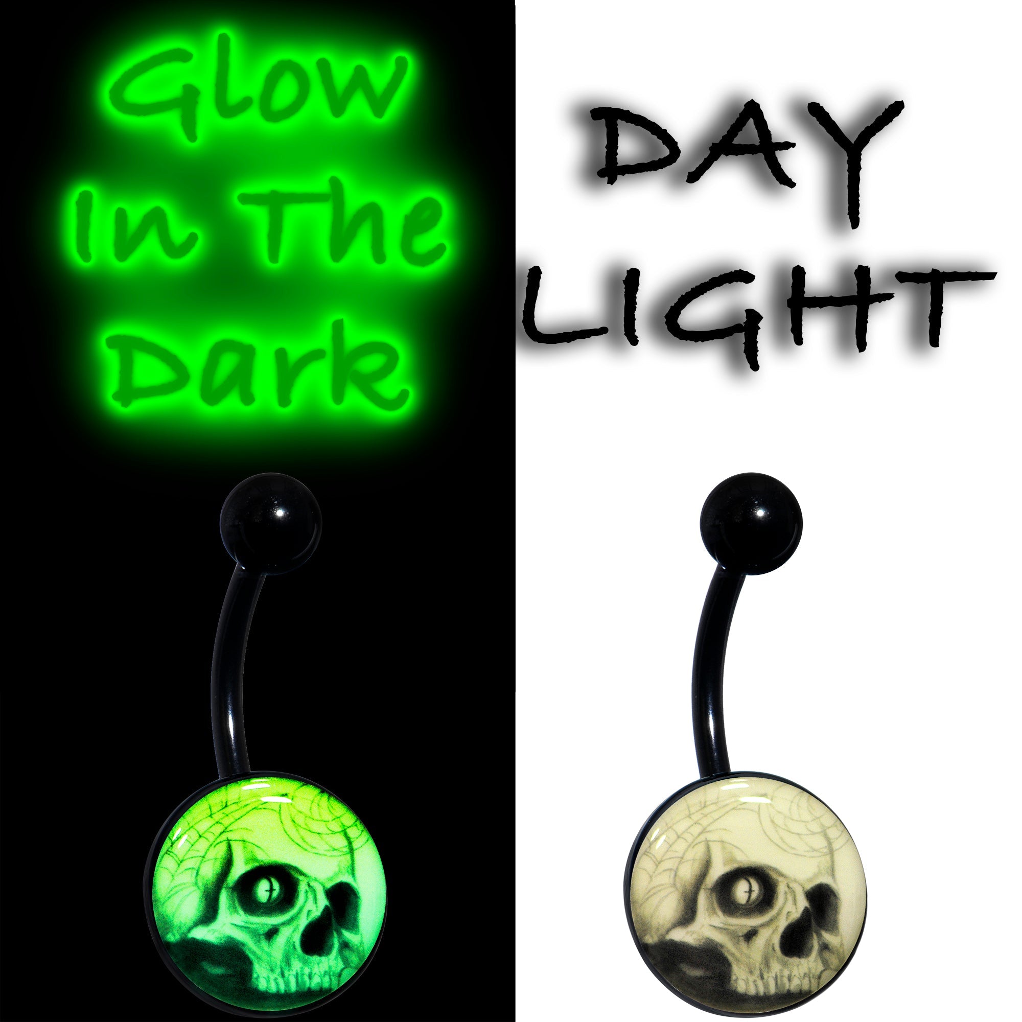 BodyCandy Black Titanium Webbed Skull Glow in the Dark Belly Ring — side view