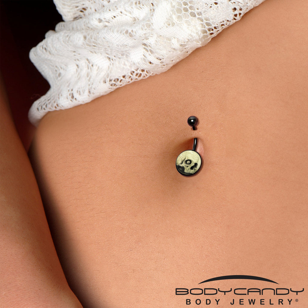 BodyCandy Black Titanium Webbed Skull Glow in the Dark Belly Ring — alternative angle