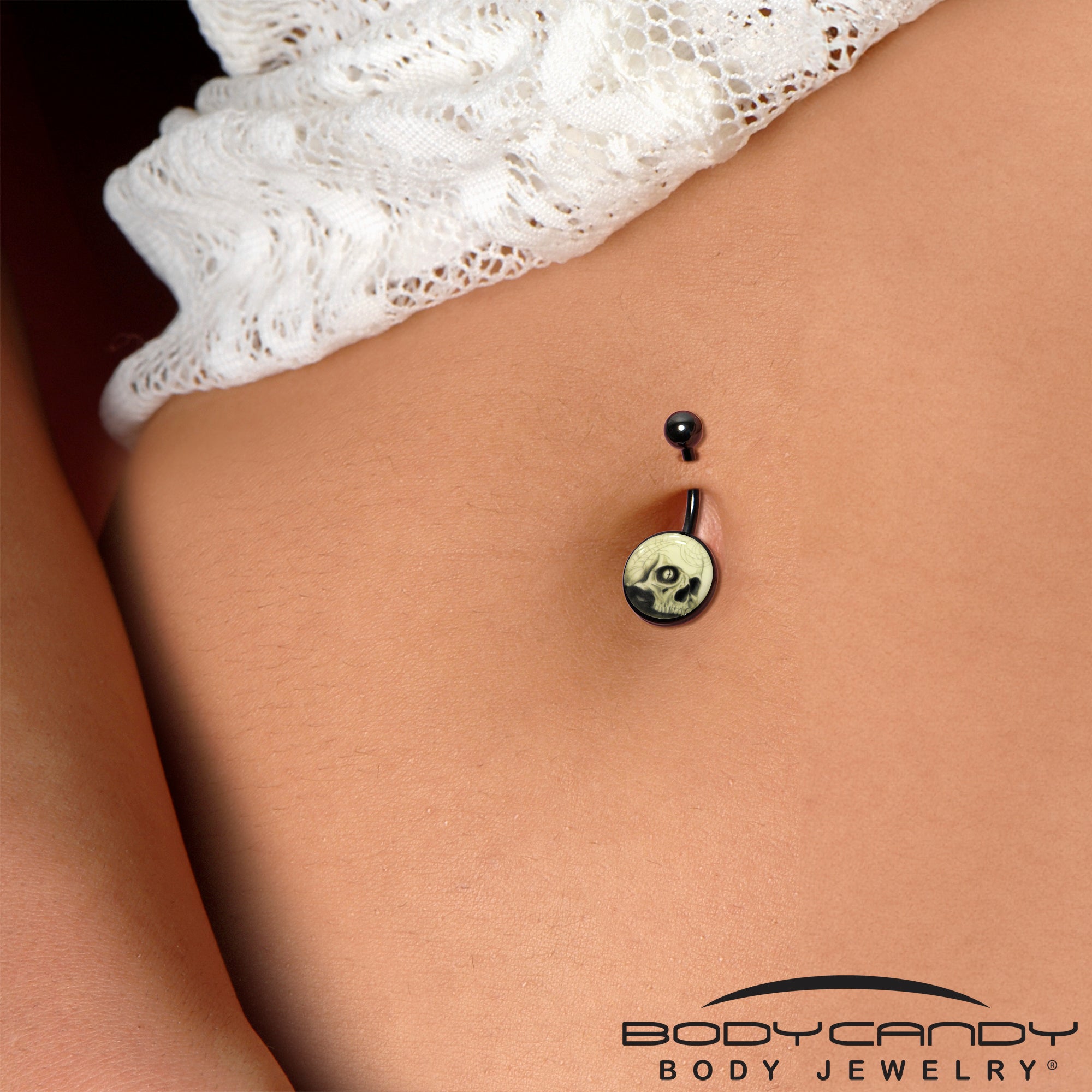 BodyCandy Black Titanium Webbed Skull Glow in the Dark Belly Ring — alternative angle