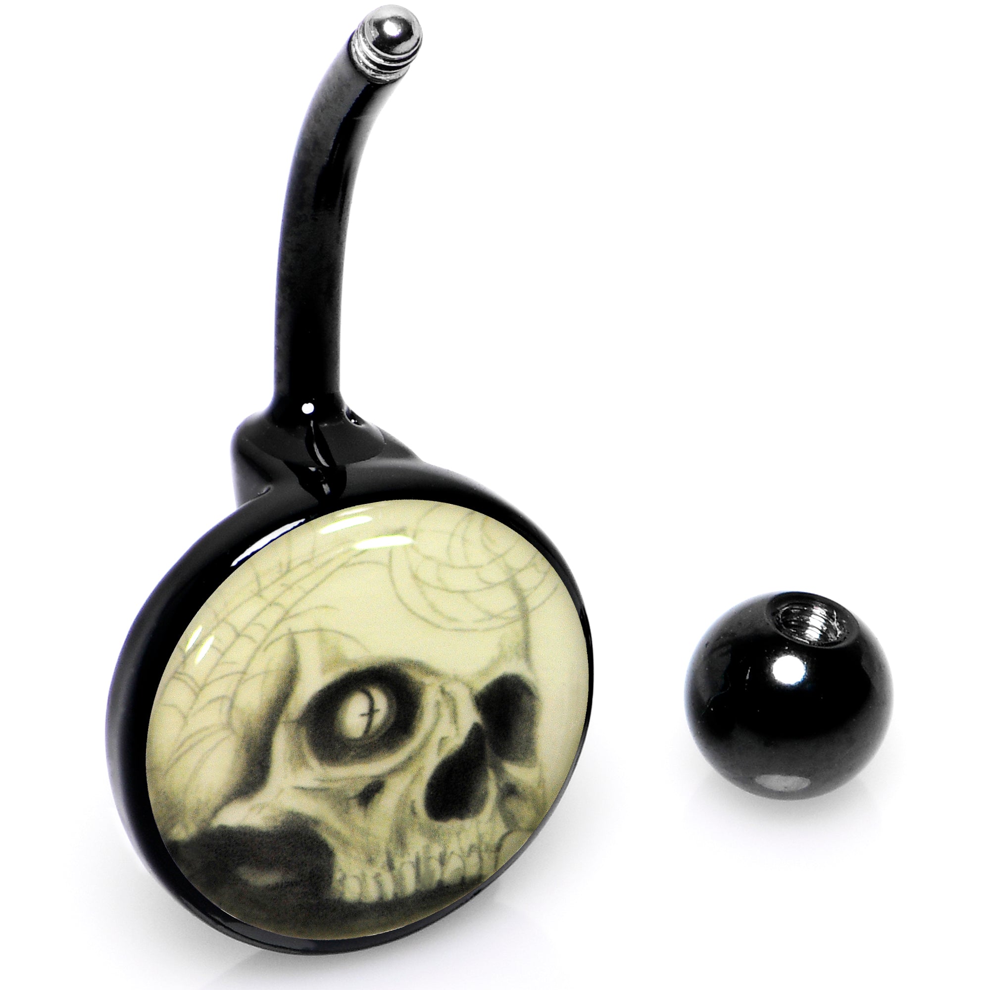 BodyCandy Black Titanium Webbed Skull Glow in the Dark Belly Ring — in-use photo