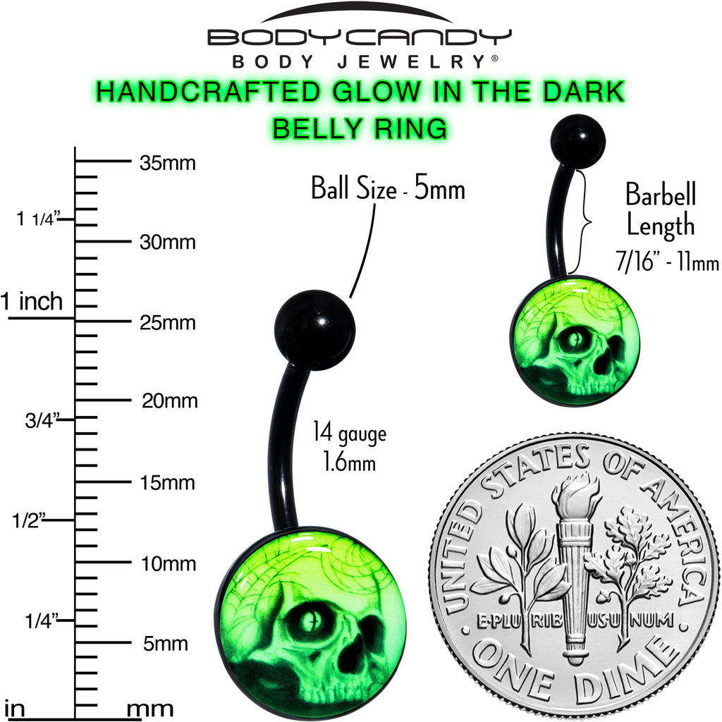 BodyCandy Black Titanium Webbed Skull Glow in the Dark Belly Ring — color detail
