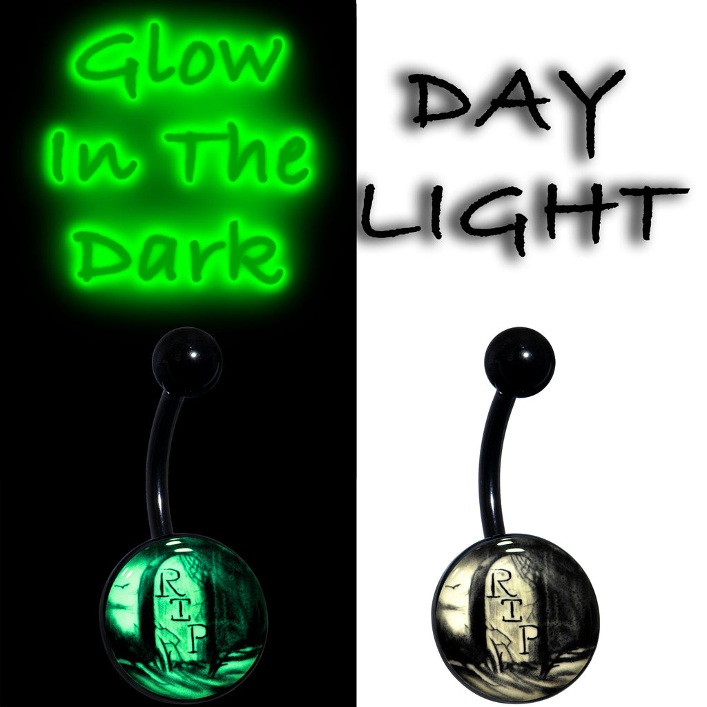 BodyCandy Black Titanium RIP Tombstone Glow in the Dark Belly Ring — side view