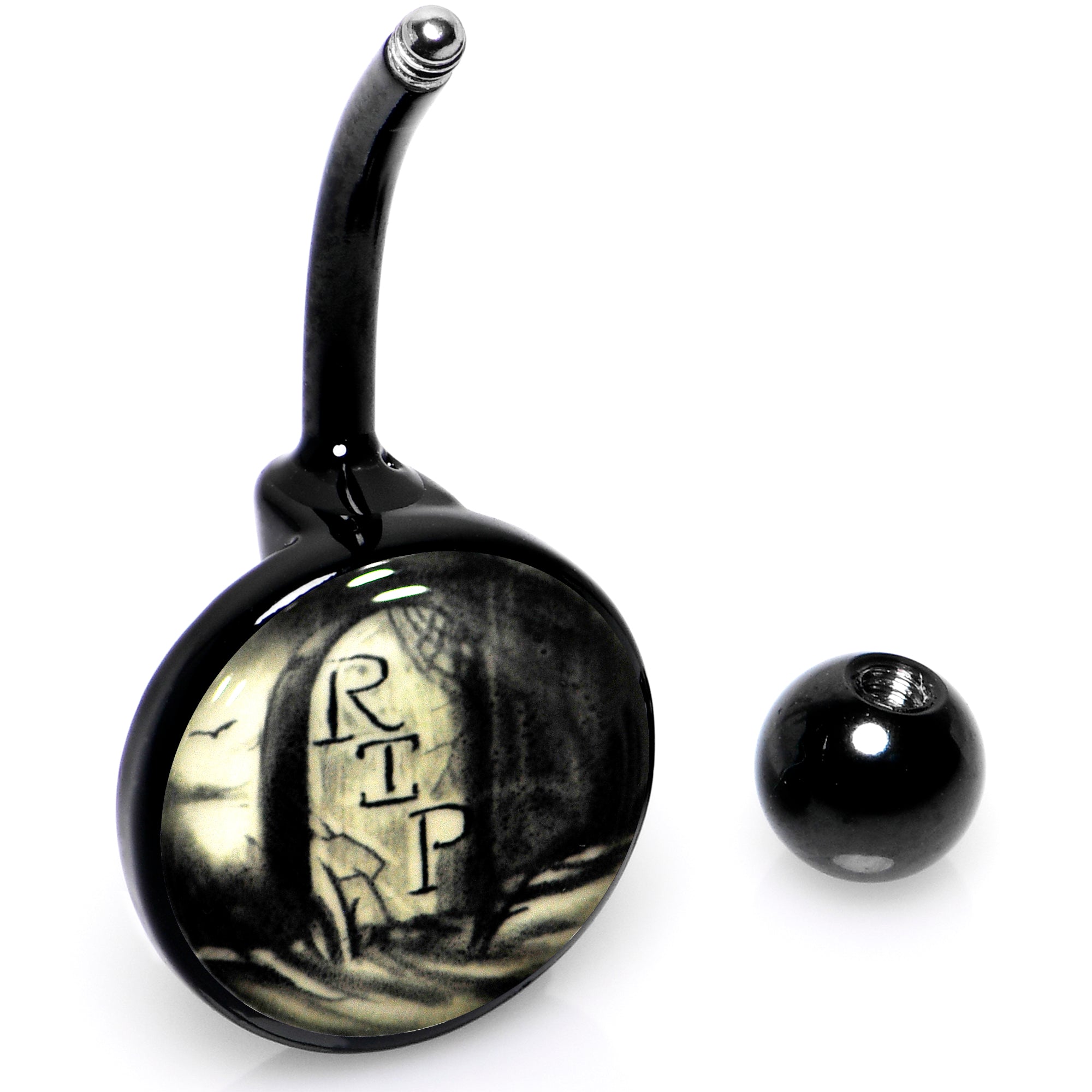 BodyCandy Black Titanium RIP Tombstone Glow in the Dark Belly Ring — in-use photo