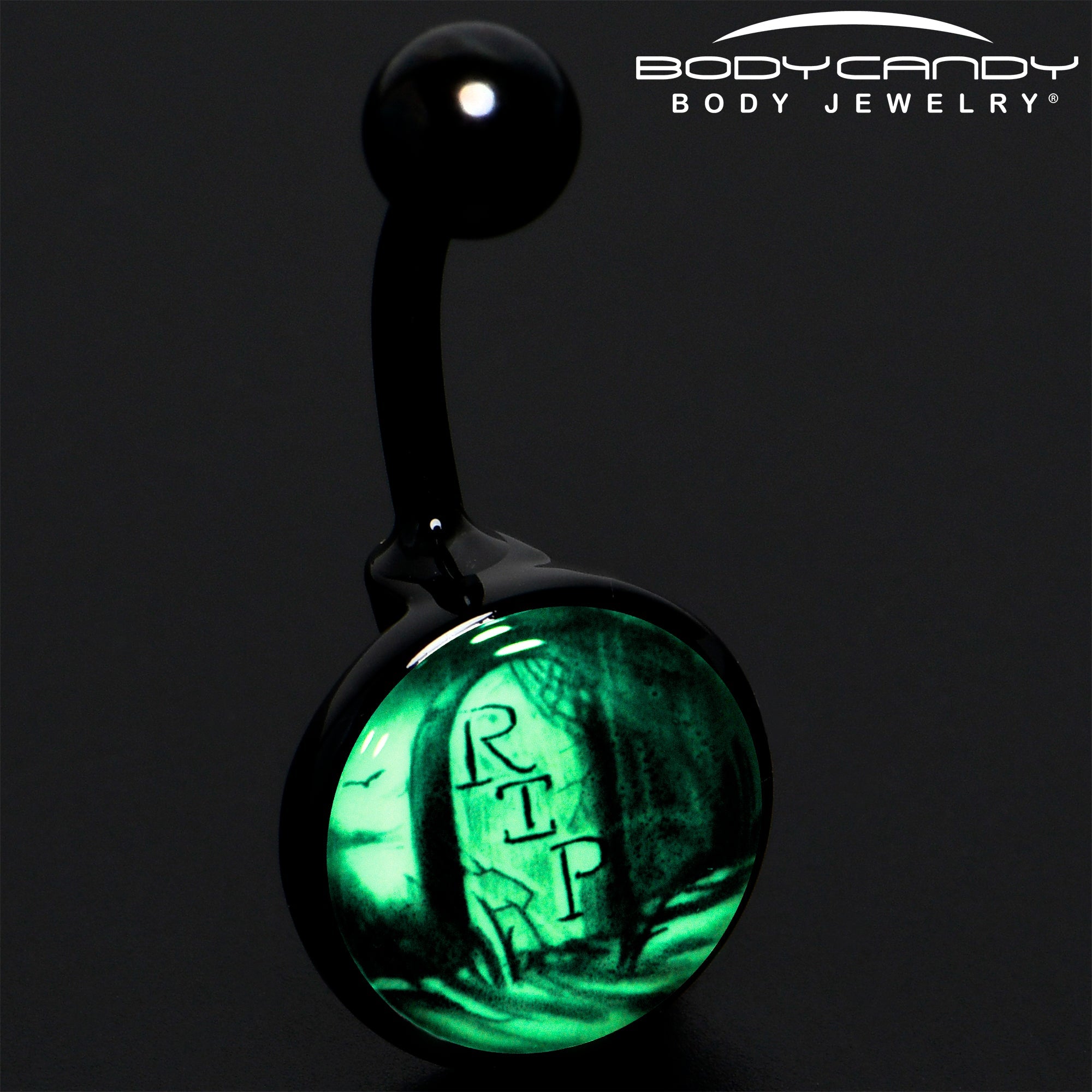 BodyCandy Black Titanium RIP Tombstone Glow in the Dark Belly Ring — detail close-up