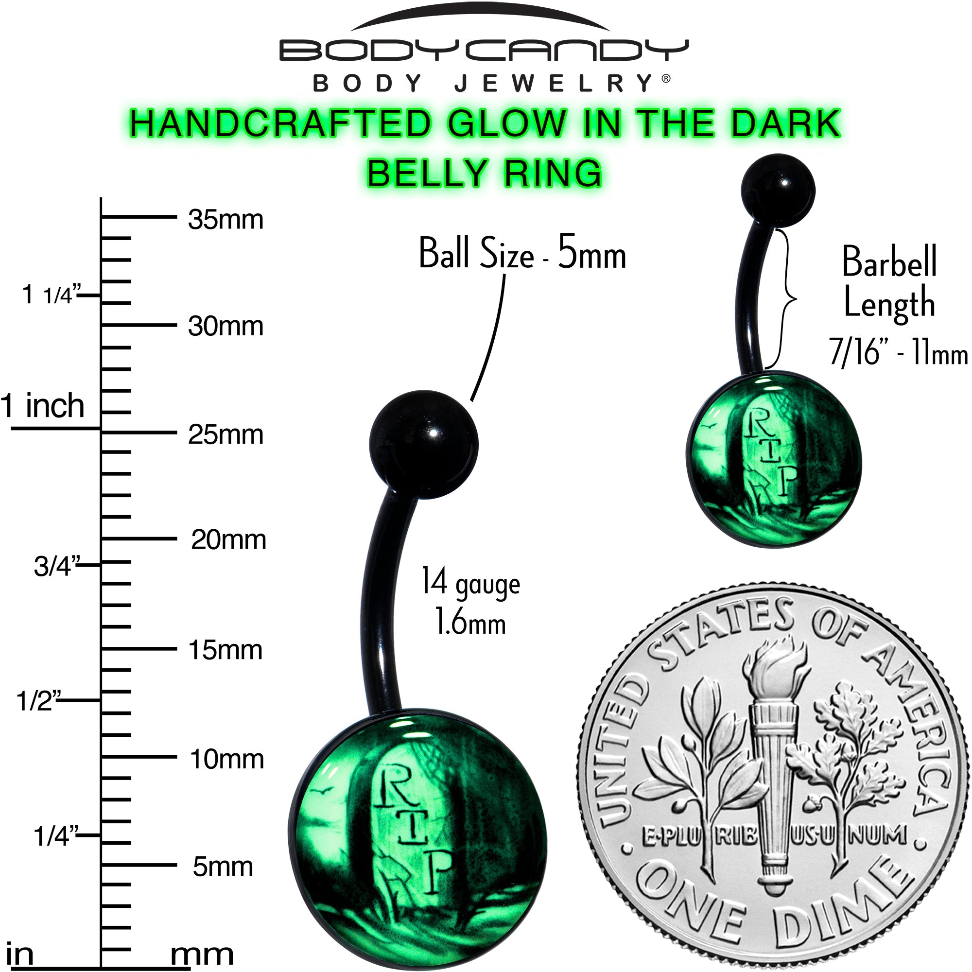 BodyCandy Black Titanium RIP Tombstone Glow in the Dark Belly Ring — color detail