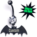 BodyCandy Custom Black Bat Glow in the Dark Personalized Dangle Belly Ring — main product shot