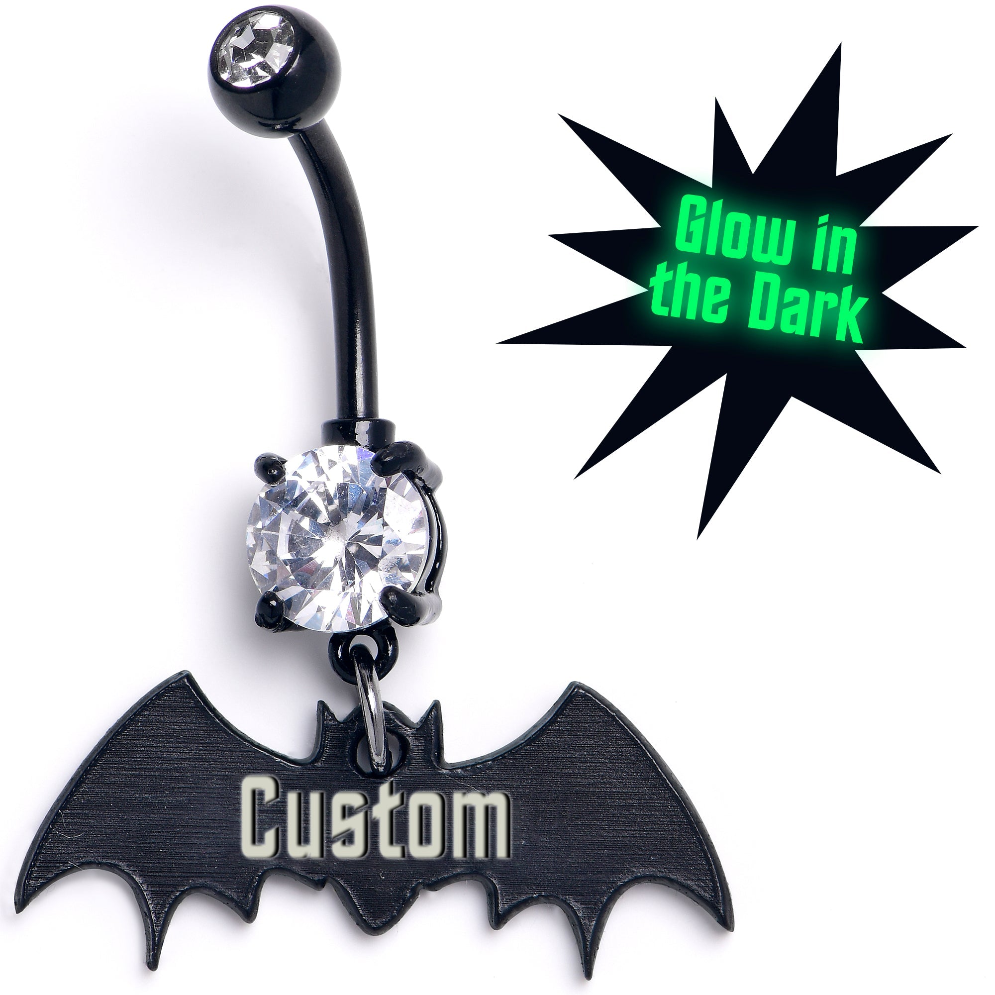 BodyCandy Custom Black Bat Glow in the Dark Personalized Dangle Belly Ring — main product shot