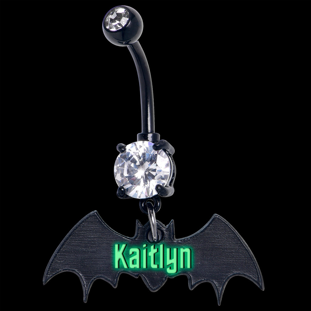 BodyCandy Custom Black Bat Glow in the Dark Personalized Dangle Belly Ring — detail close-up