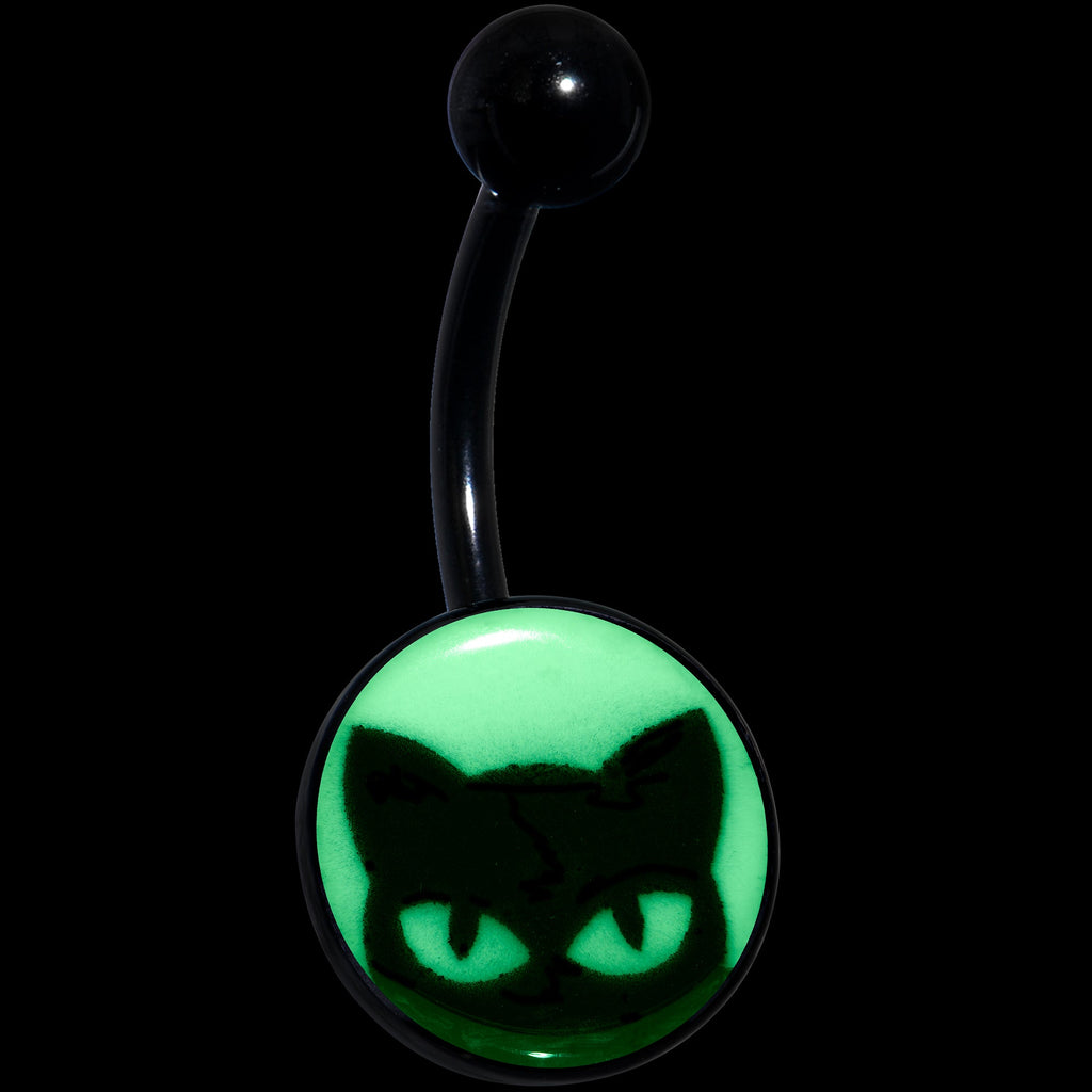 BodyCandy Black Glow in the Dark Peeking Black Cat Belly Ring by Onyx O — detail close-up