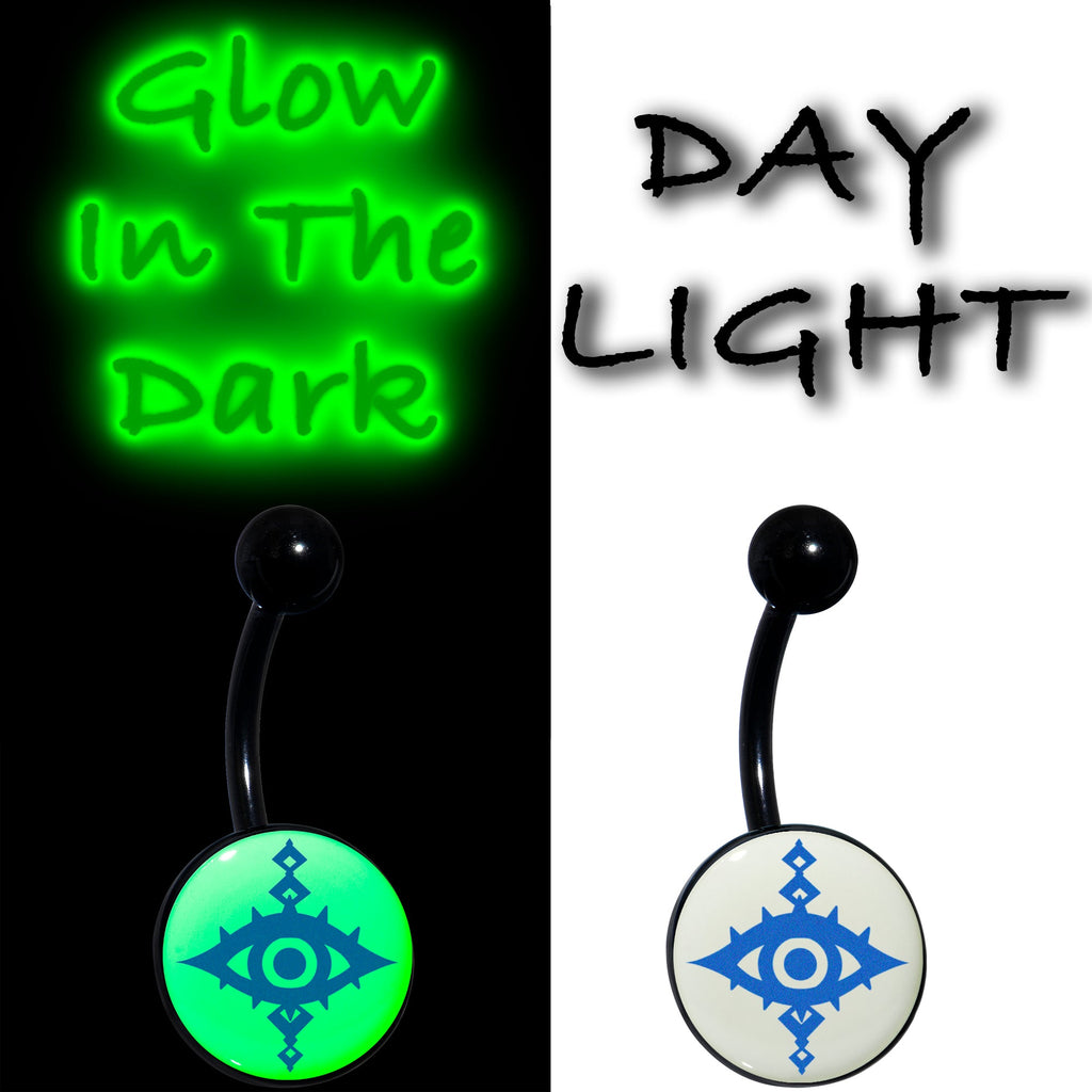 BodyCandy Black Anodized Glow in the Dark Evil Eye Belly Ring by Onyx O — detail close-up