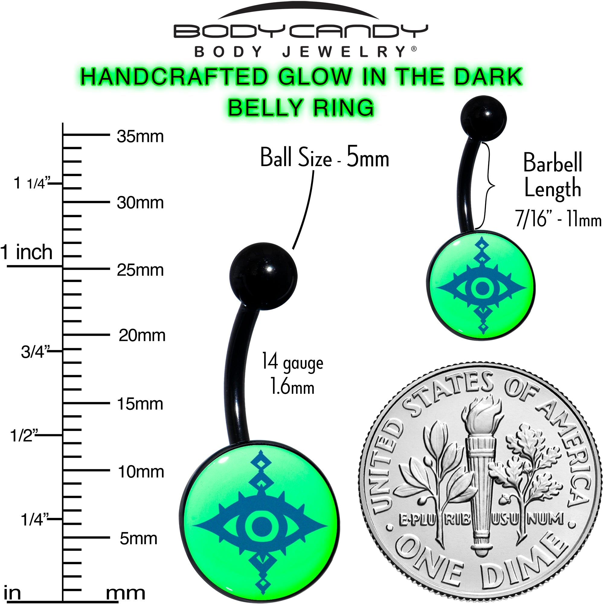 BodyCandy Black Anodized Glow in the Dark Evil Eye Belly Ring by Onyx O — size reference