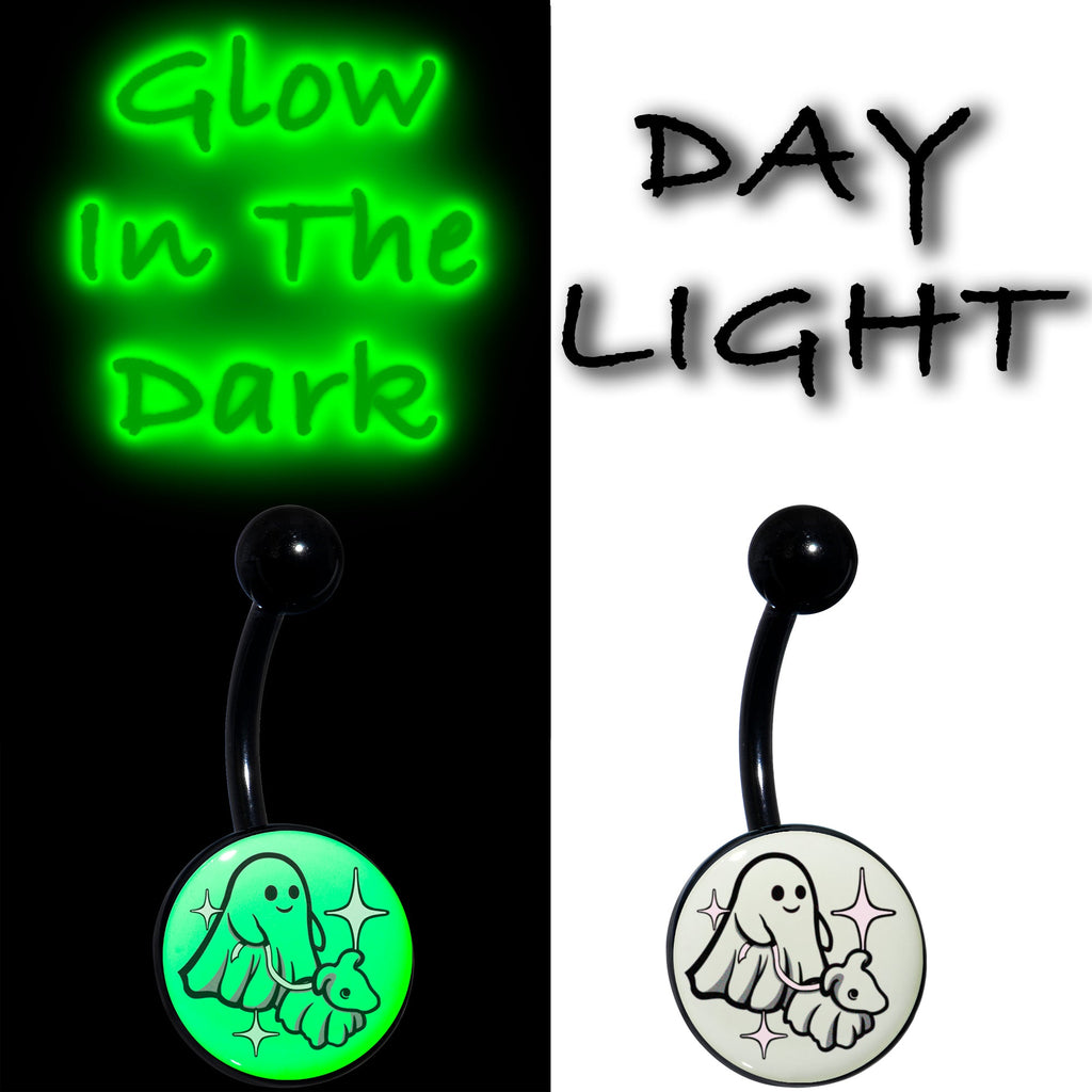 BodyCandy Black Anodized Glow in the Dark Halloween Ghost Dog Walker Belly Ring by Onyx O — detail close-up