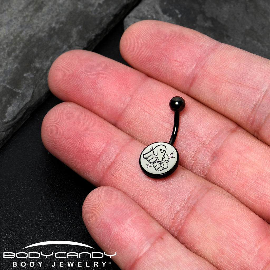 BodyCandy Black Anodized Glow in the Dark Halloween Ghost Dog Walker Belly Ring by Onyx O — lifestyle context