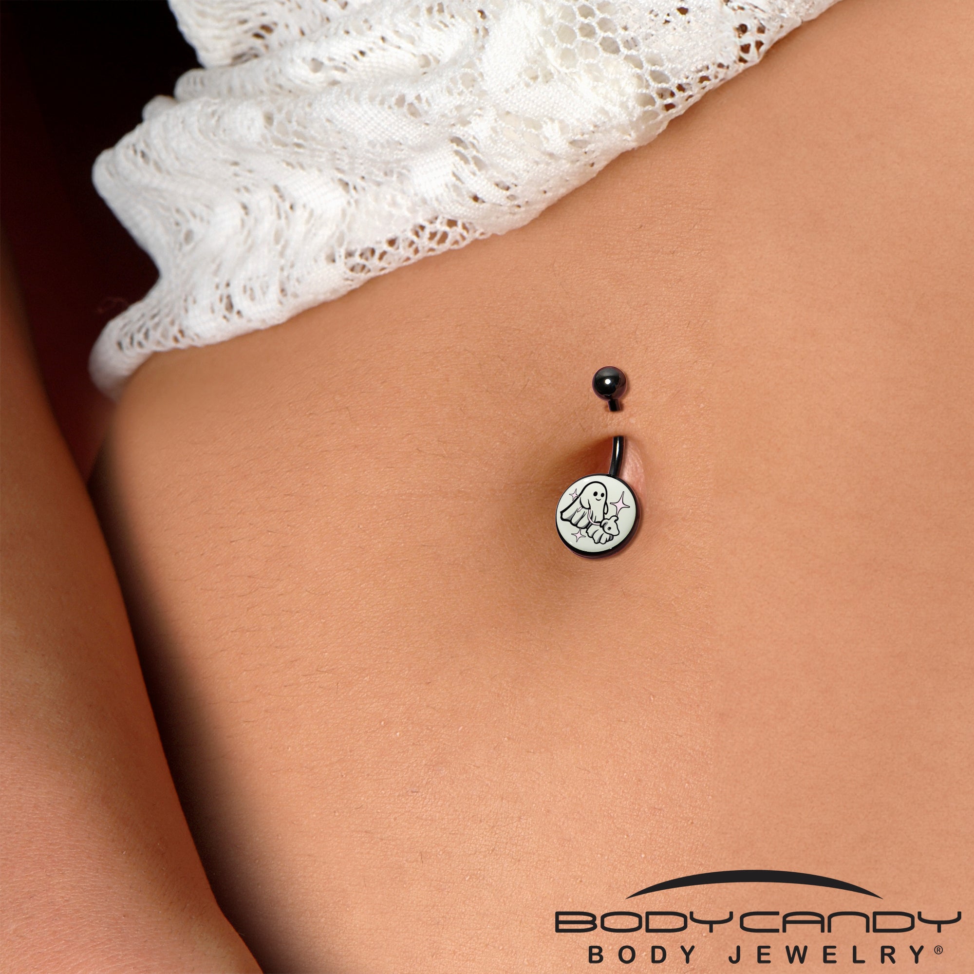 BodyCandy Black Anodized Glow in the Dark Halloween Ghost Dog Walker Belly Ring by Onyx O — side view