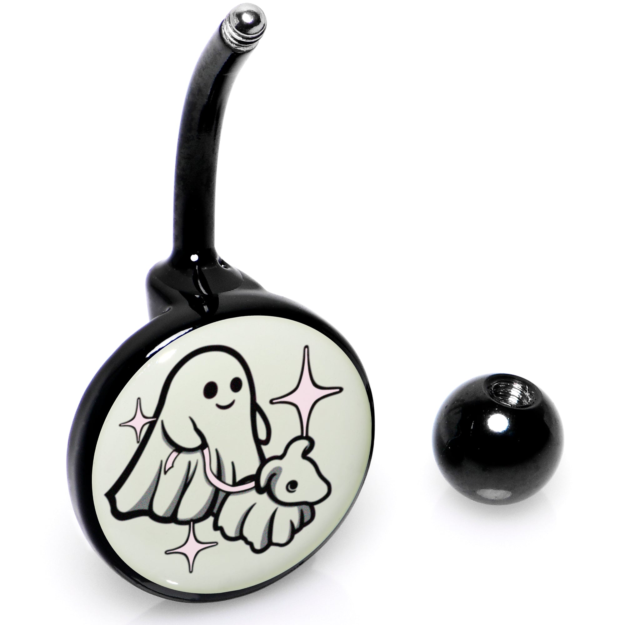 BodyCandy Black Anodized Glow in the Dark Halloween Ghost Dog Walker Belly Ring by Onyx O — back view