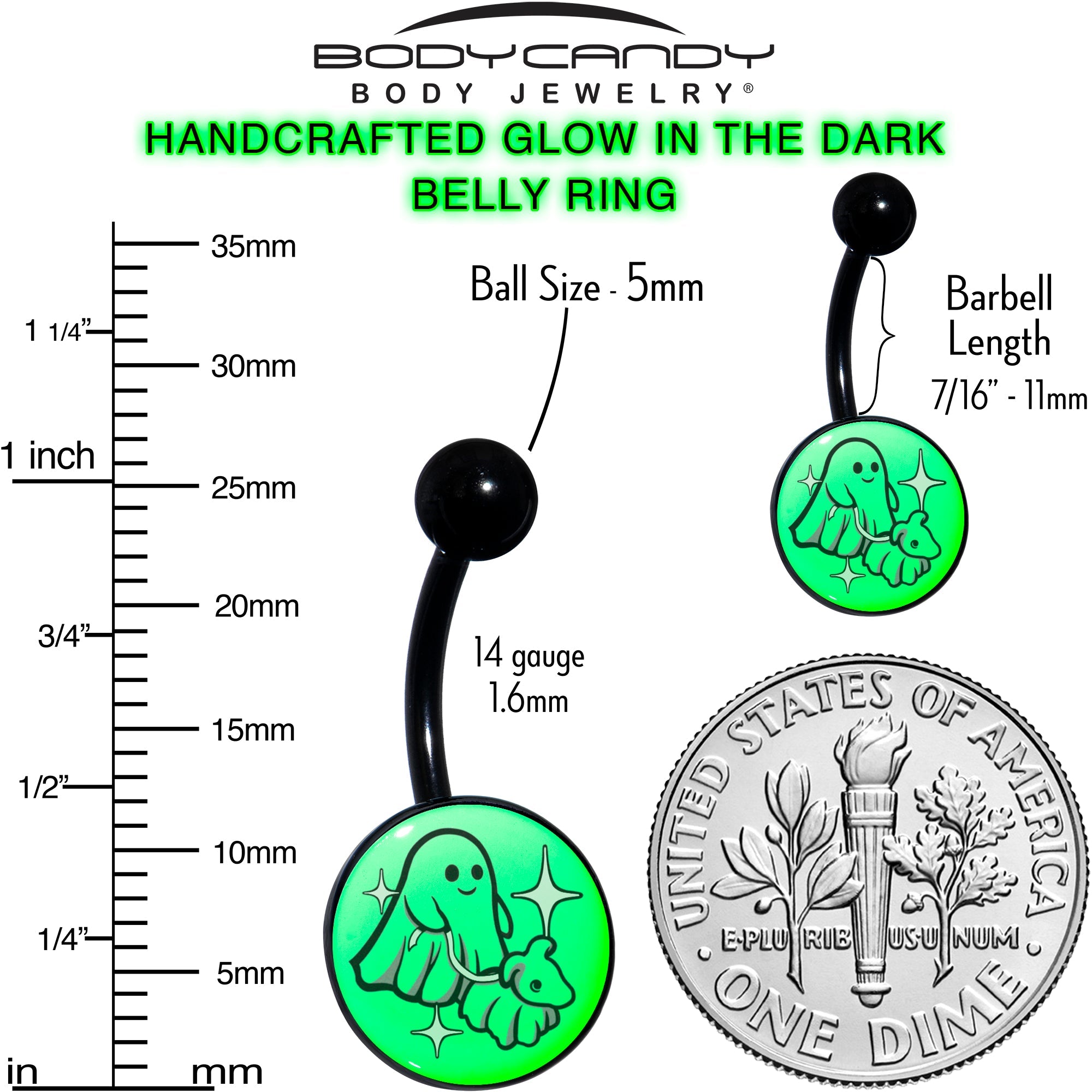 BodyCandy Black Anodized Glow in the Dark Halloween Ghost Dog Walker Belly Ring by Onyx O — size reference
