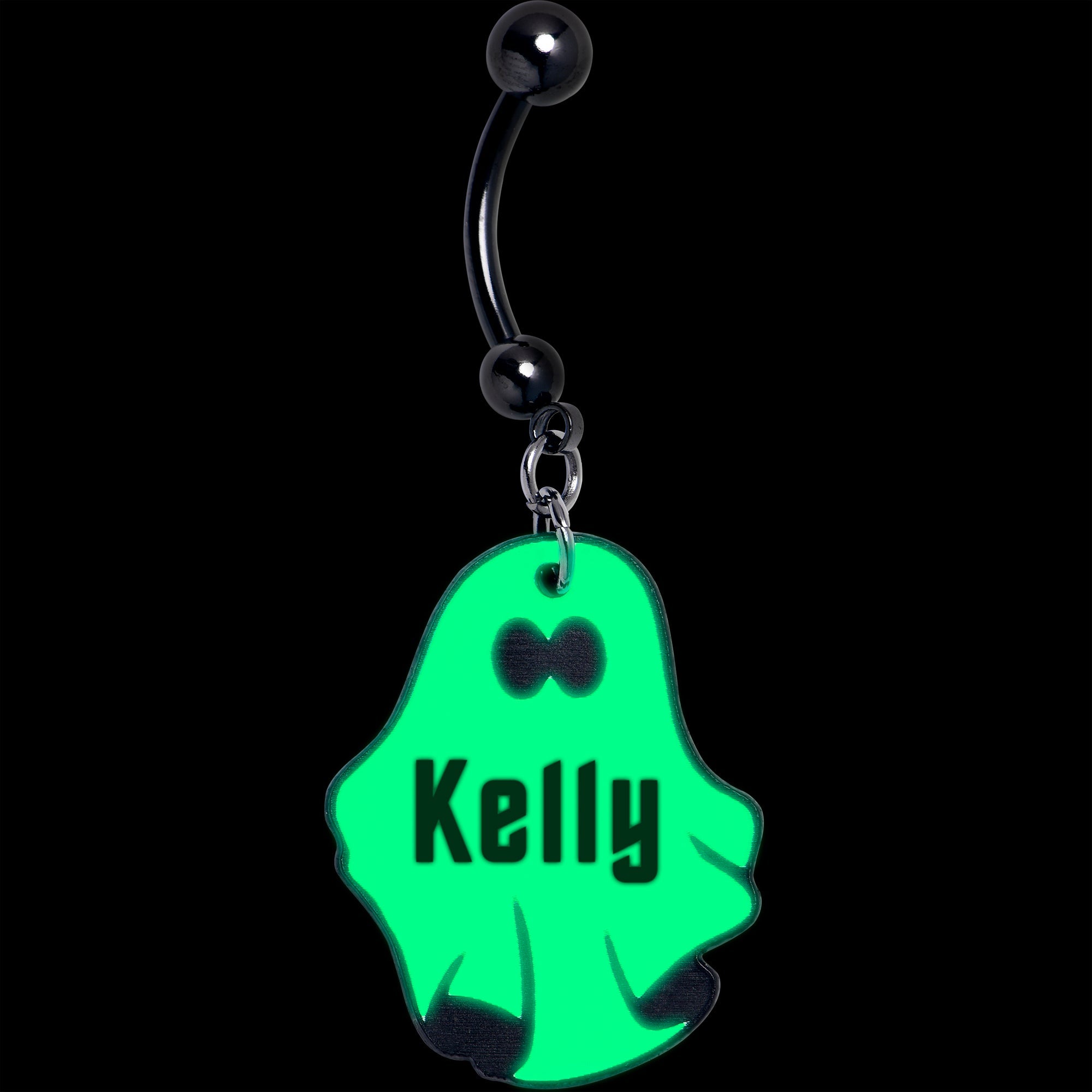 BodyCandy Custom Black Glow In The Dark Halloween Ghost Dangle Belly Ring — detail close-up