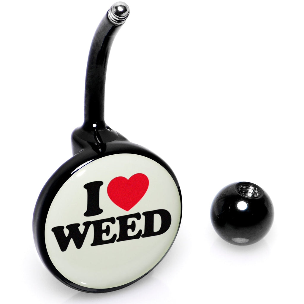 BodyCandy Black Anodized Glow in the Dark I Love Weed Belly Ring by Onyx O — back view