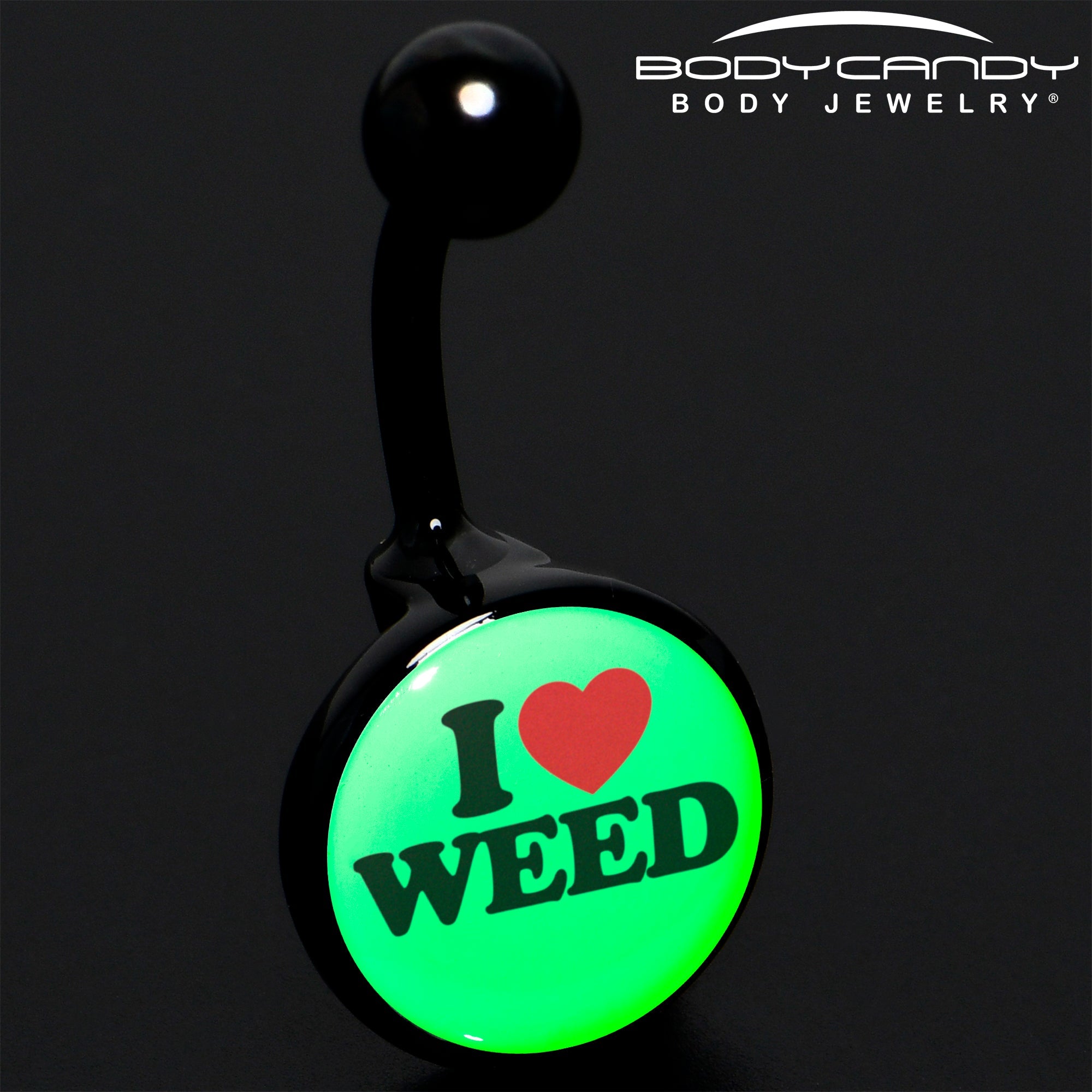 BodyCandy Black Anodized Glow in the Dark I Love Weed Belly Ring by Onyx O — alternative angle