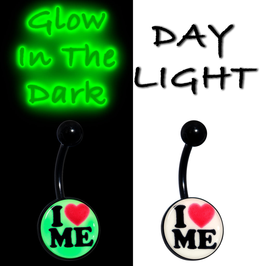 BodyCandy Black Glow in the Dark I Love Me Belly Ring by Onyx O — detail close-up