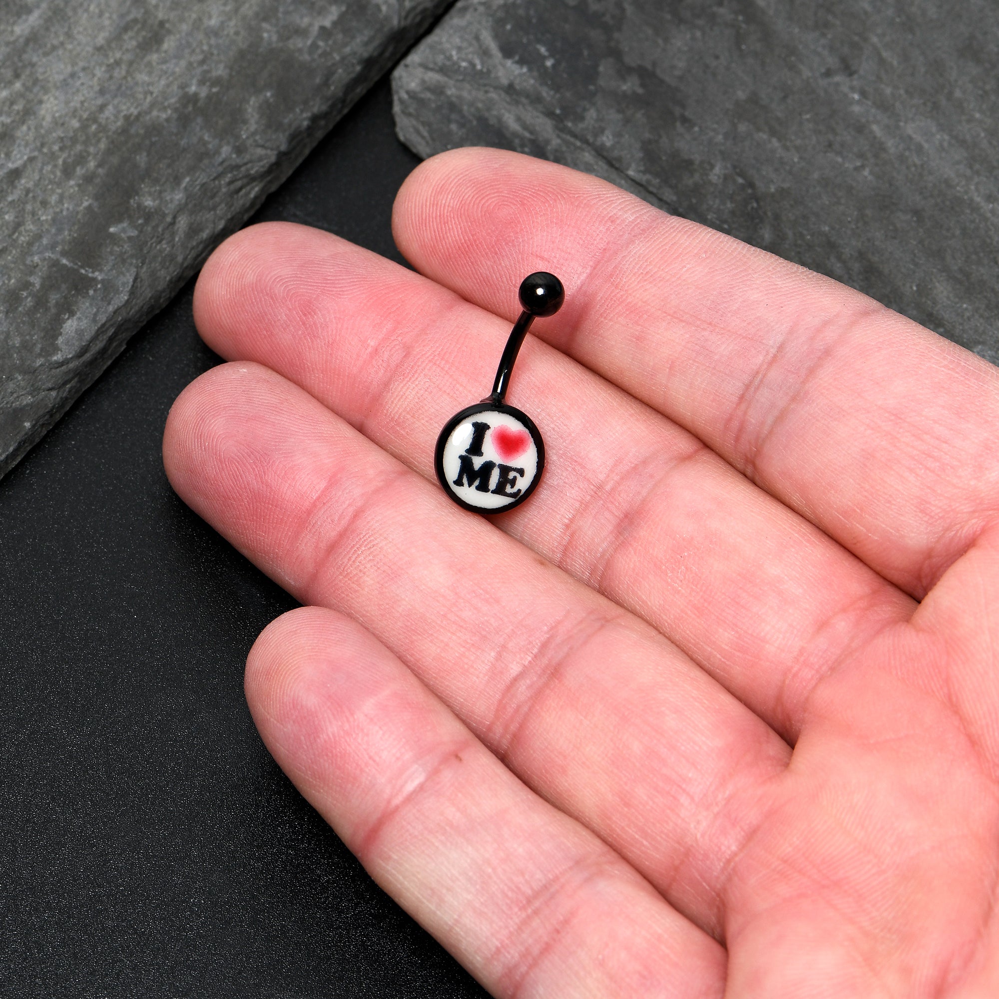 BodyCandy Black Glow in the Dark I Love Me Belly Ring by Onyx O — lifestyle context