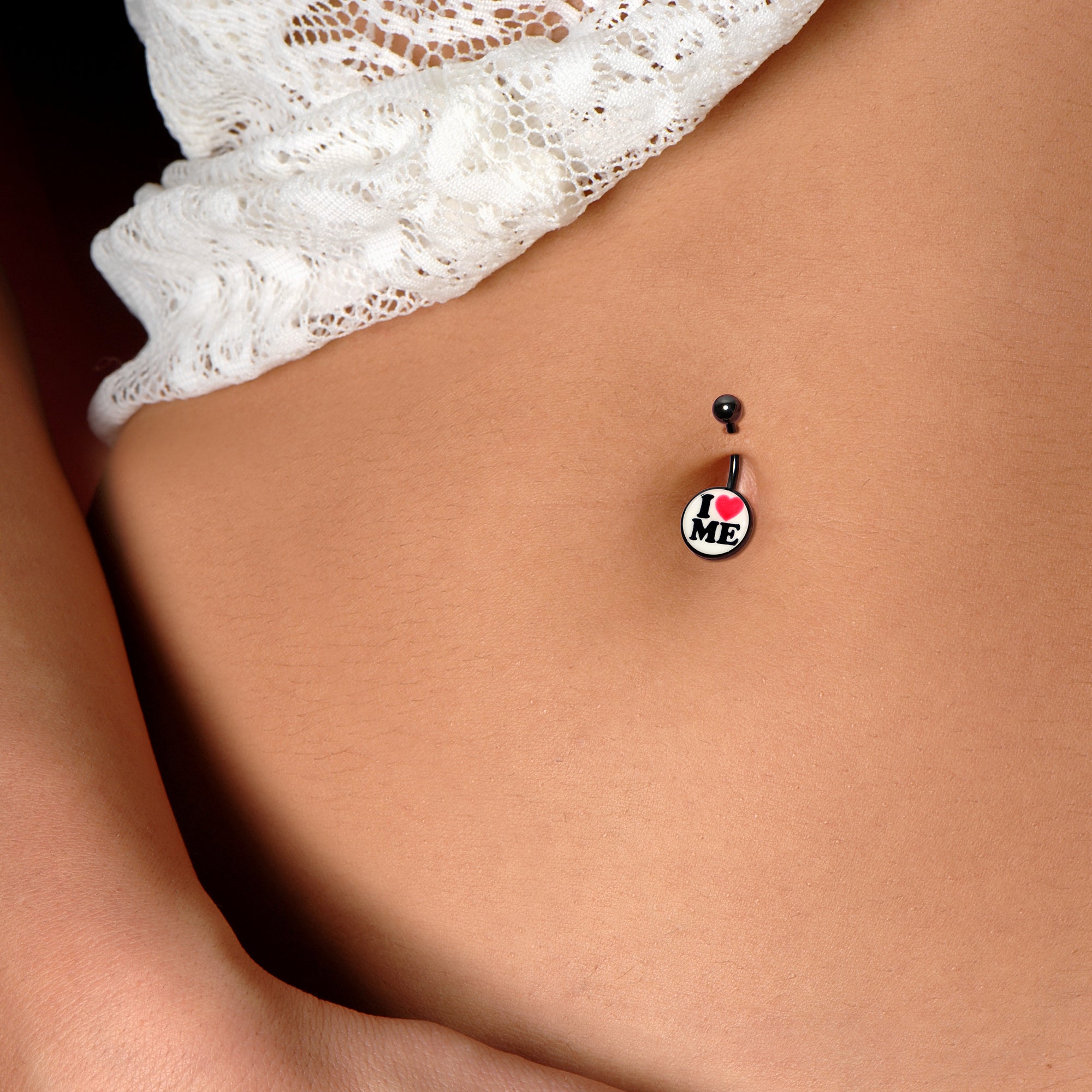 BodyCandy Black Glow in the Dark I Love Me Belly Ring by Onyx O — back view