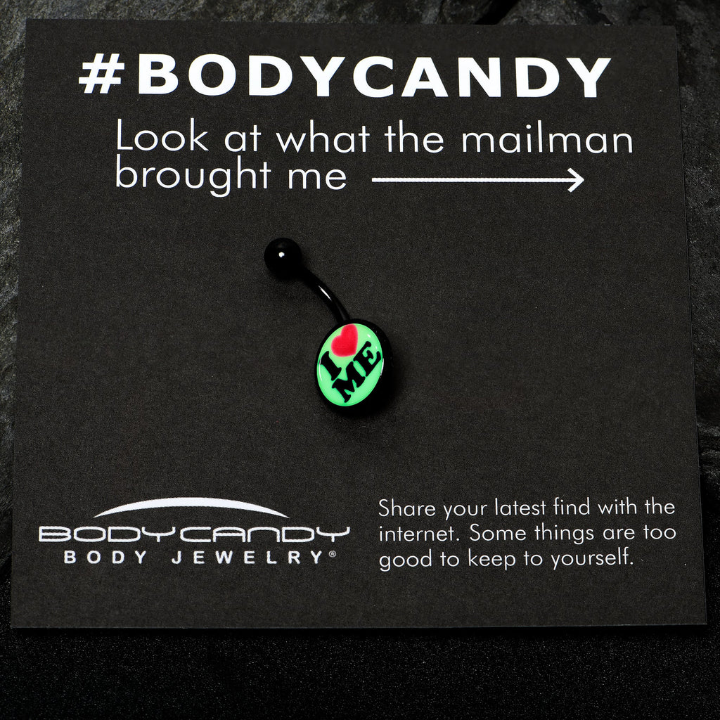BodyCandy Black Glow in the Dark I Love Me Belly Ring by Onyx O — in-use photo