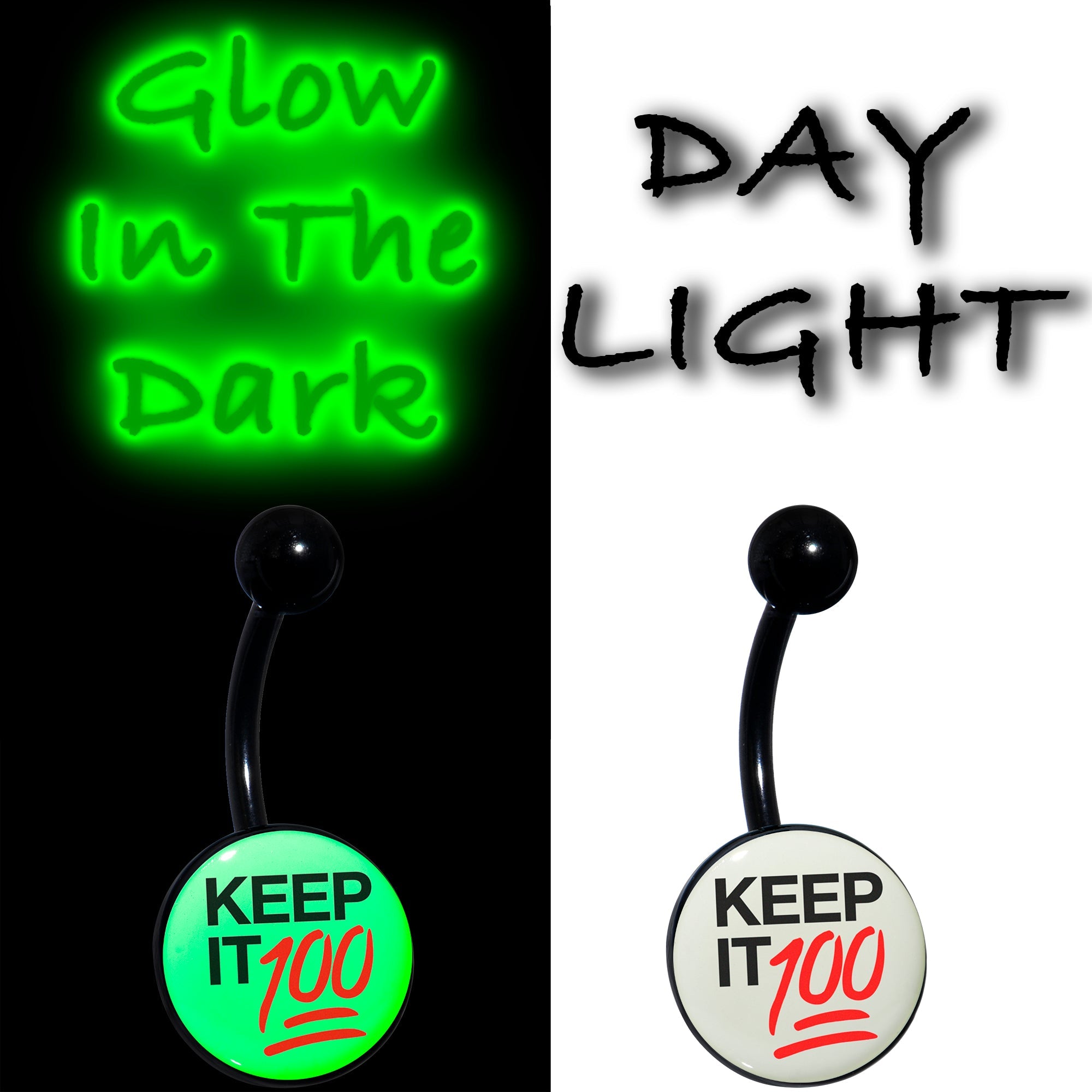 BodyCandy Glow in the Dark Black Keep it 100 Belly Ring by Onyx O — side view