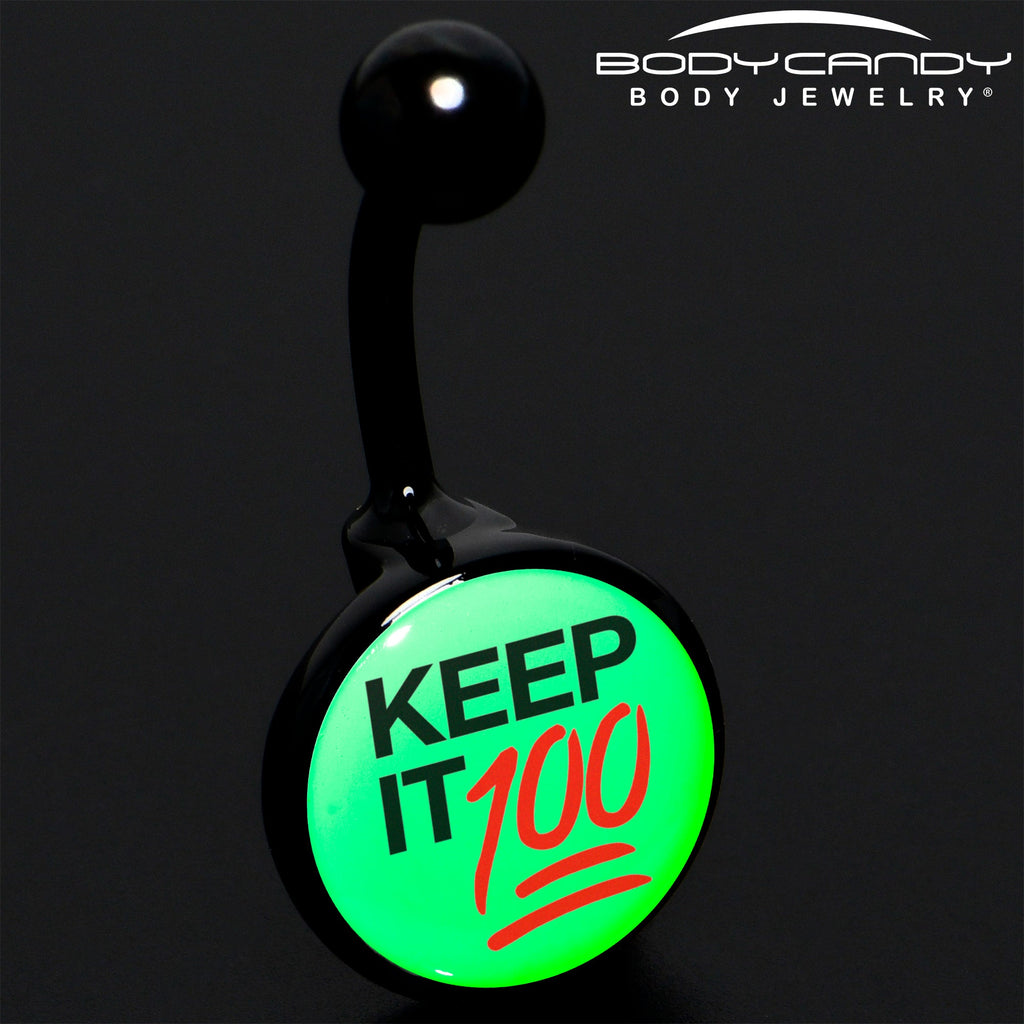 BodyCandy Glow in the Dark Black Keep it 100 Belly Ring by Onyx O — detail close-up