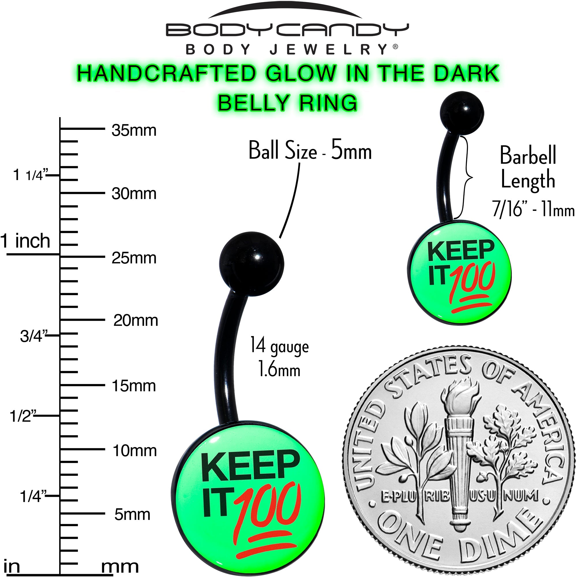 BodyCandy Glow in the Dark Black Keep it 100 Belly Ring by Onyx O — color detail