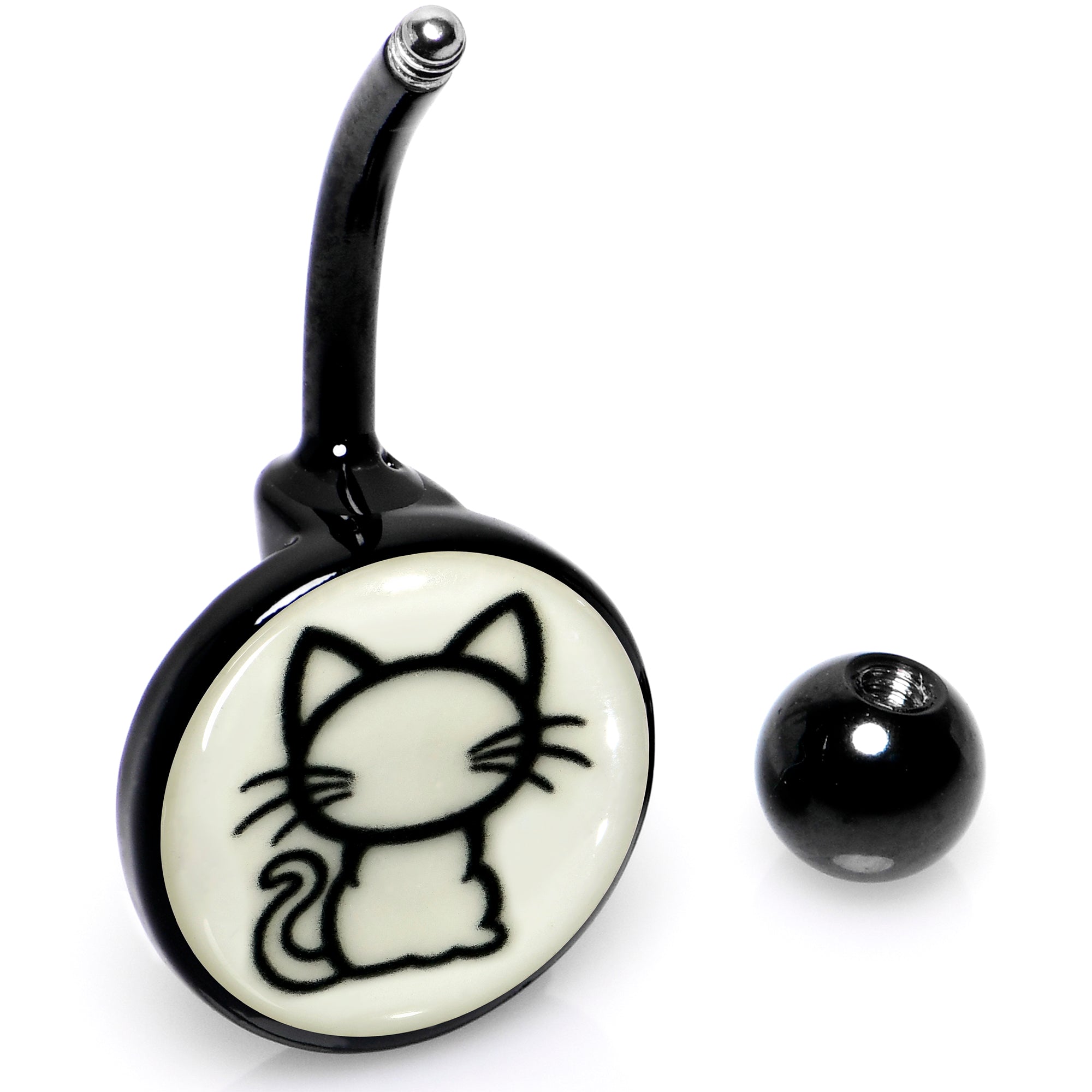 BodyCandy Black Anodized Glow in the Dark Kitty Cat Belly Ring by Onyx O — in-use photo