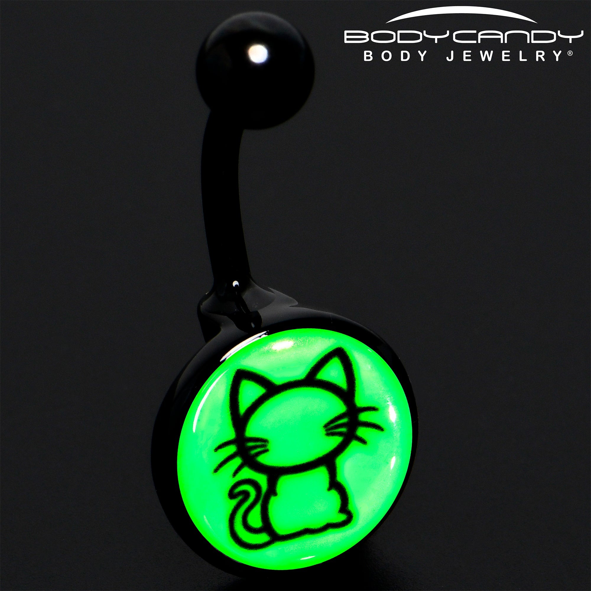 BodyCandy Black Anodized Glow in the Dark Kitty Cat Belly Ring by Onyx O — detail close-up