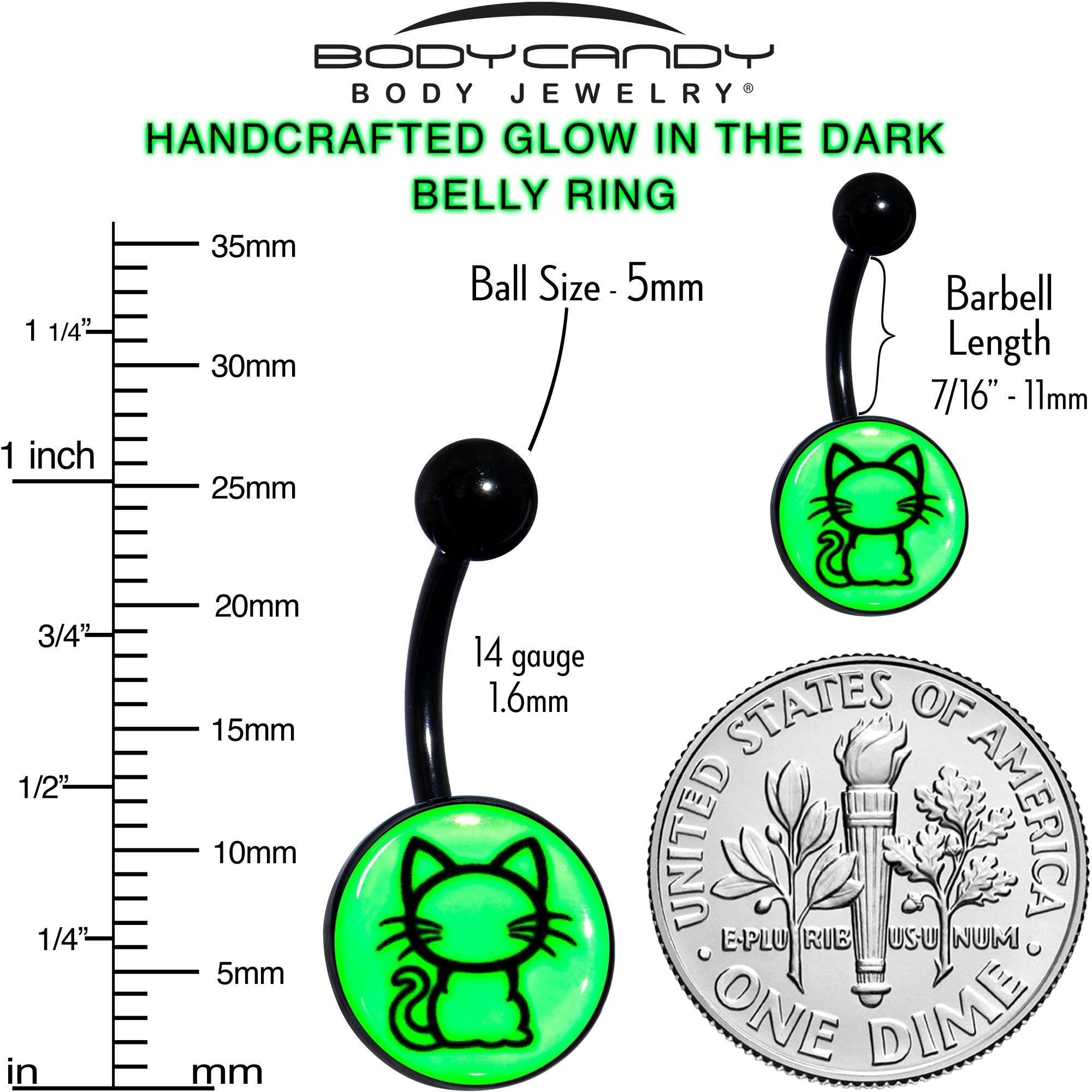 BodyCandy Black Anodized Glow in the Dark Kitty Cat Belly Ring by Onyx O — color detail
