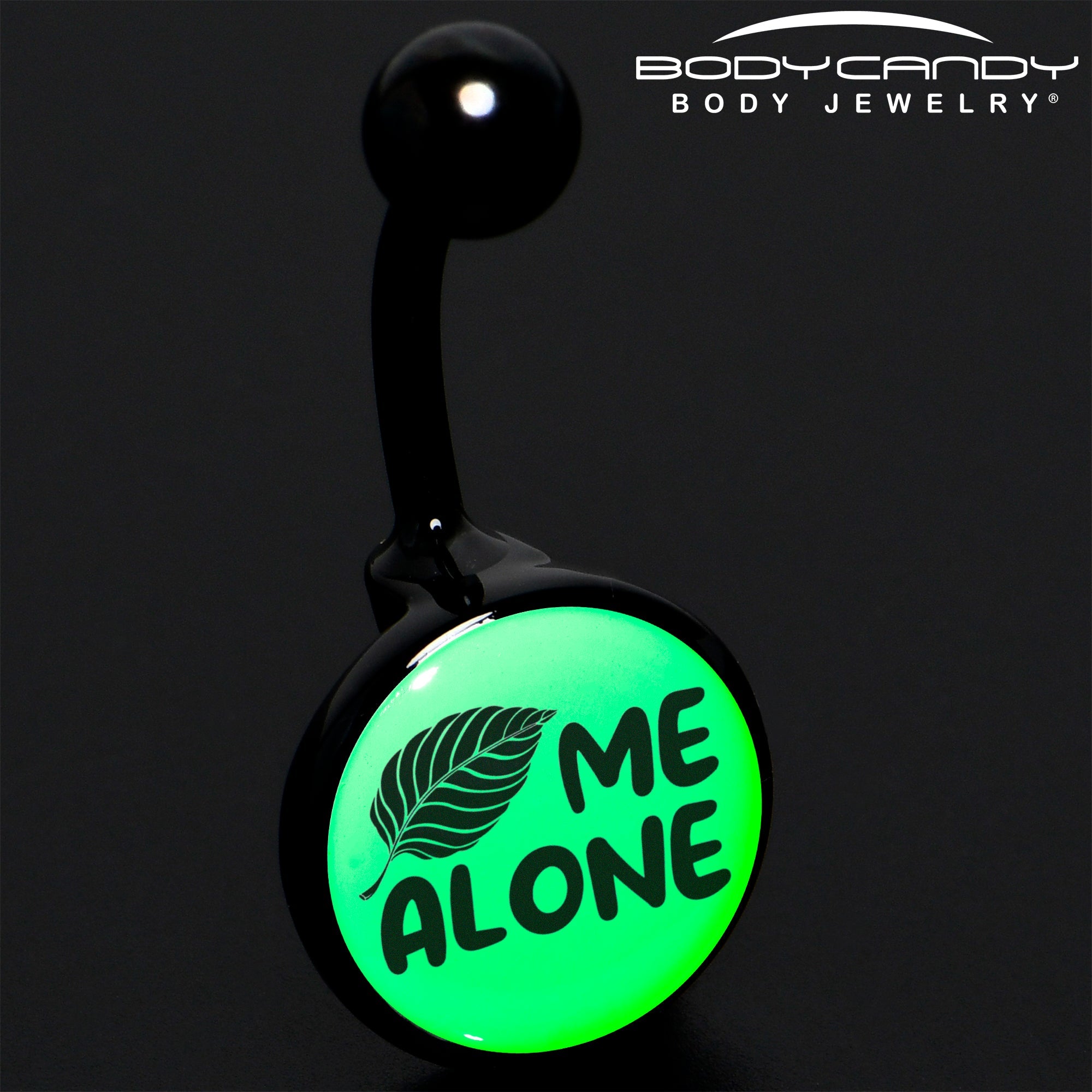 BodyCandy Glow in the Dark Black Leaf Me Alone Belly Ring by Onyx O — detail close-up