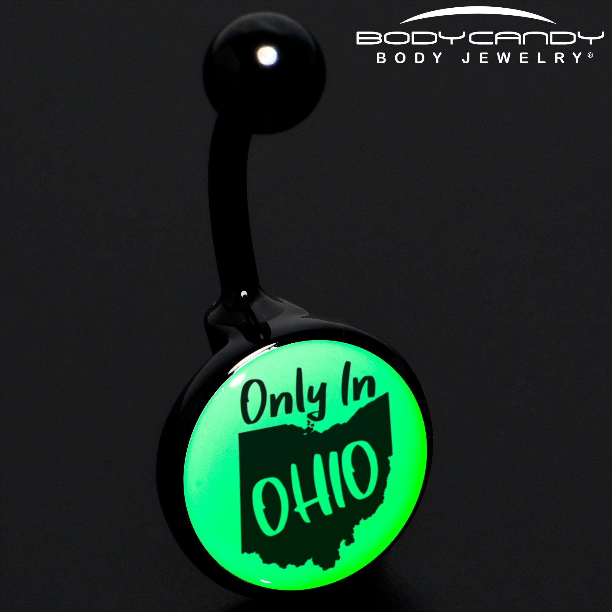 BodyCandy Glow in the Dark Black Only in Ohio Belly Ring by Onyx O — detail close-up