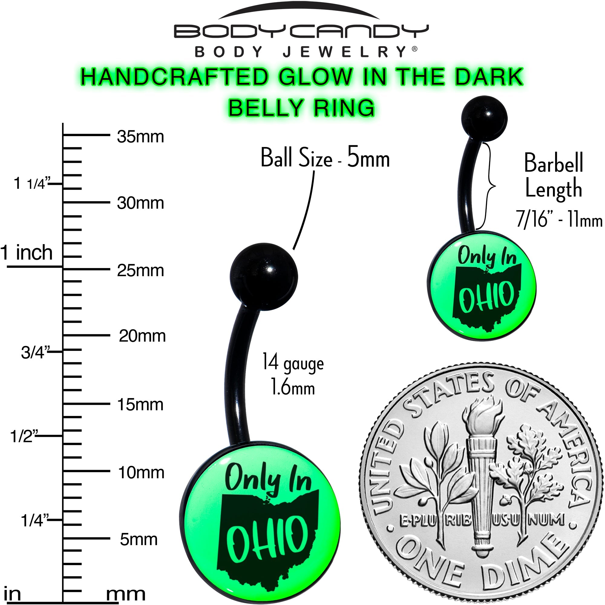BodyCandy Glow in the Dark Black Only in Ohio Belly Ring by Onyx O — color detail