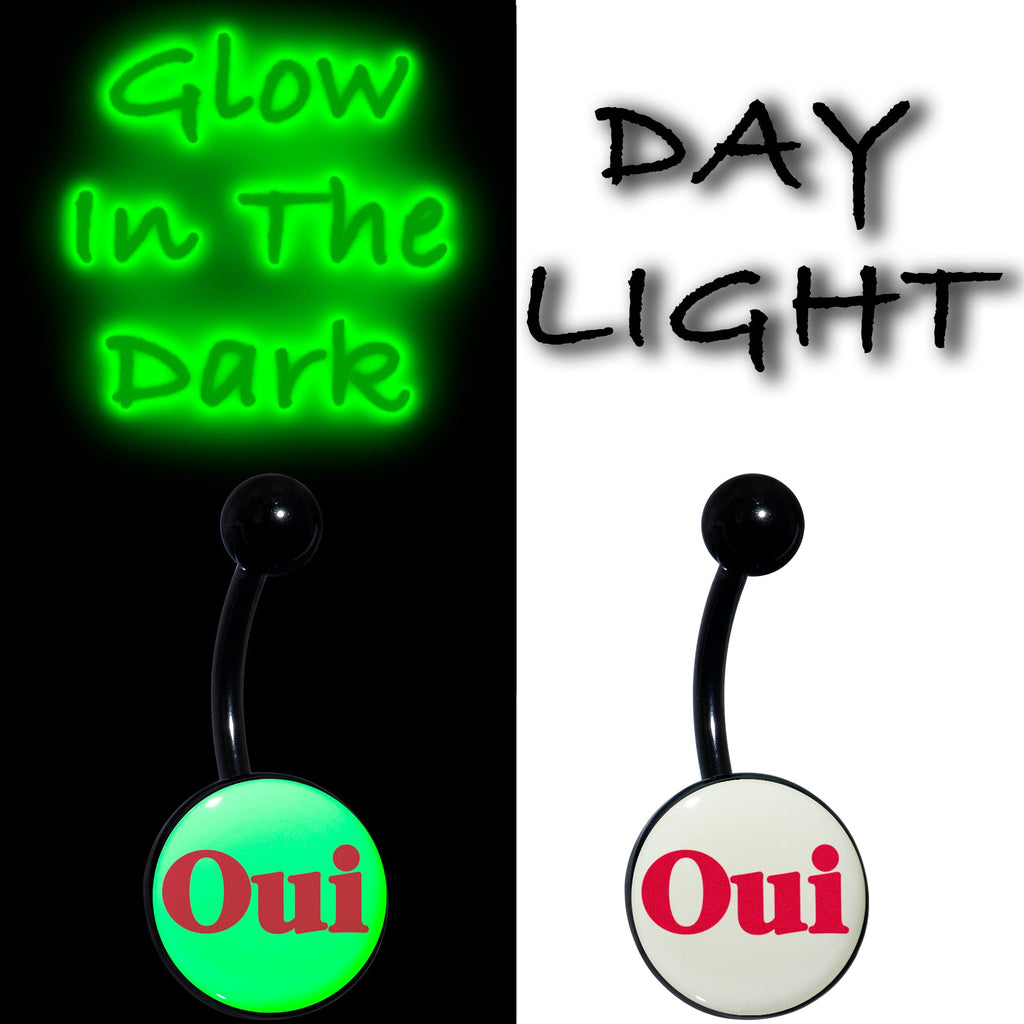 BodyCandy Black Anodized Glow in the Dark OUI Belly Ring by Onyx O — detail close-up