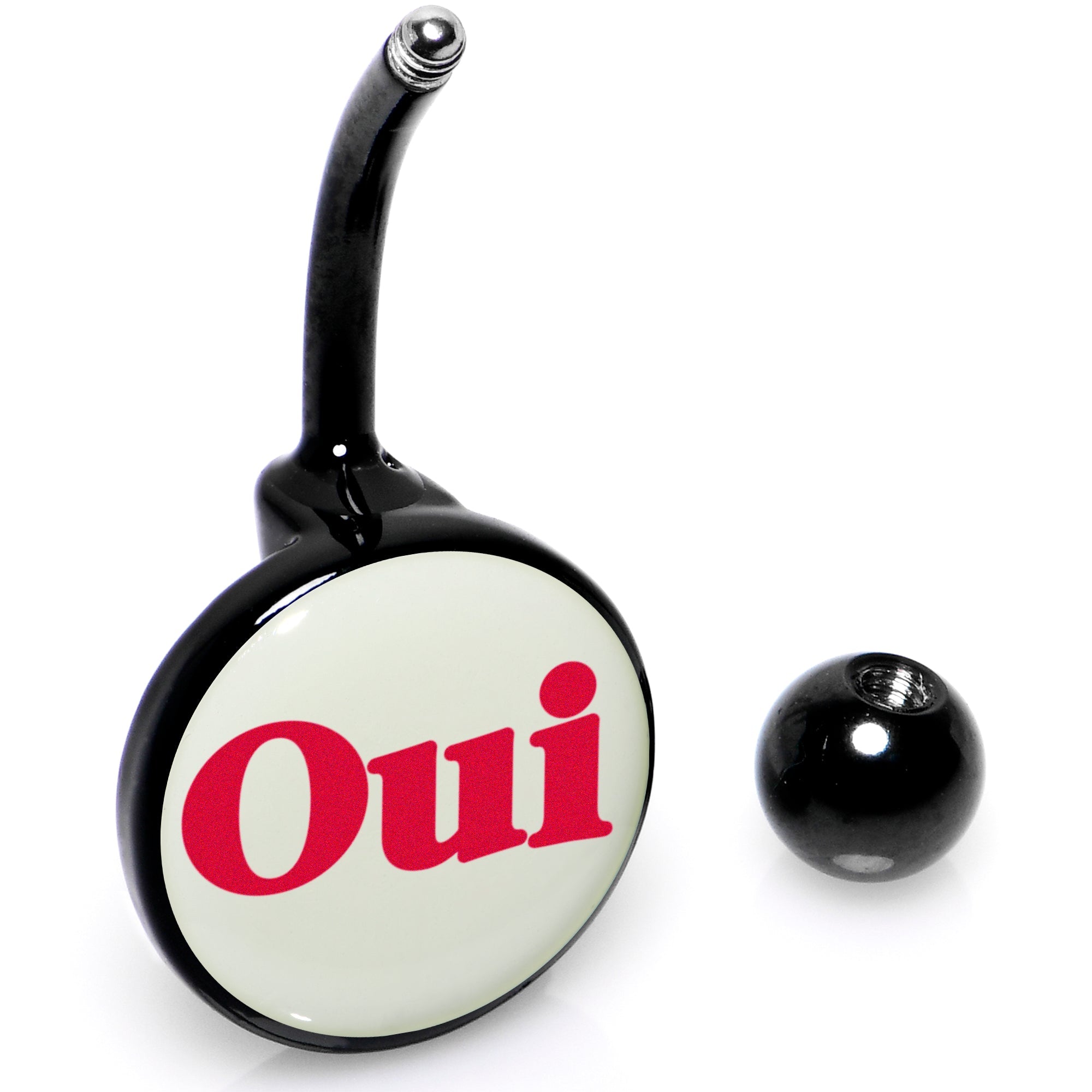 BodyCandy Black Anodized Glow in the Dark OUI Belly Ring by Onyx O — back view