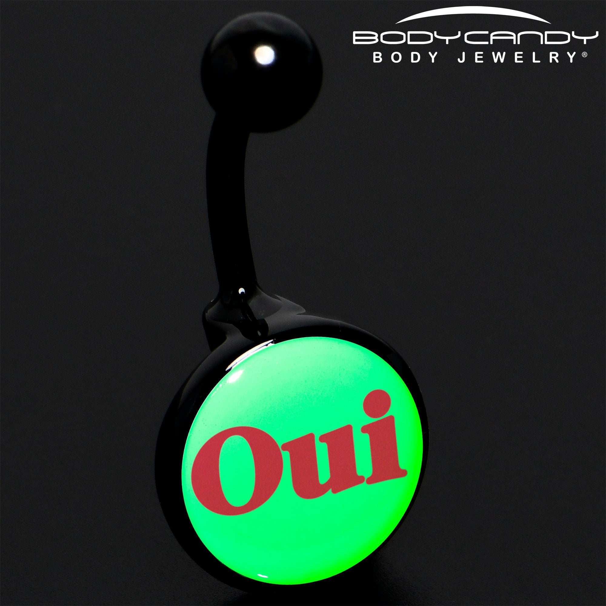 BodyCandy Black Anodized Glow in the Dark OUI Belly Ring by Onyx O — alternative angle