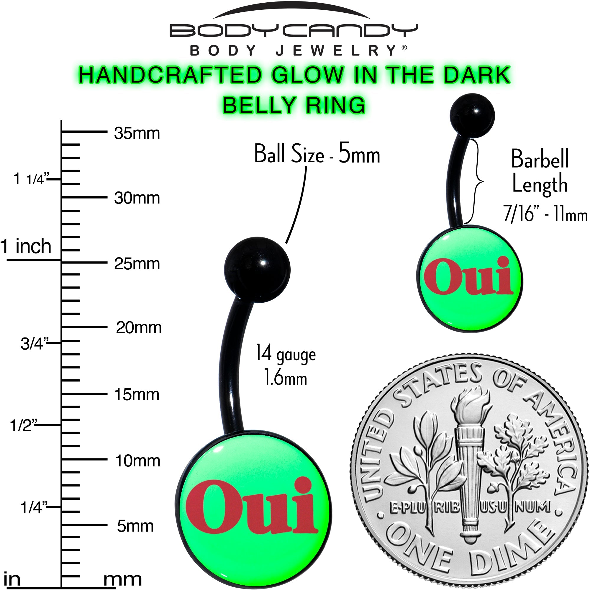 BodyCandy Black Anodized Glow in the Dark OUI Belly Ring by Onyx O — size reference
