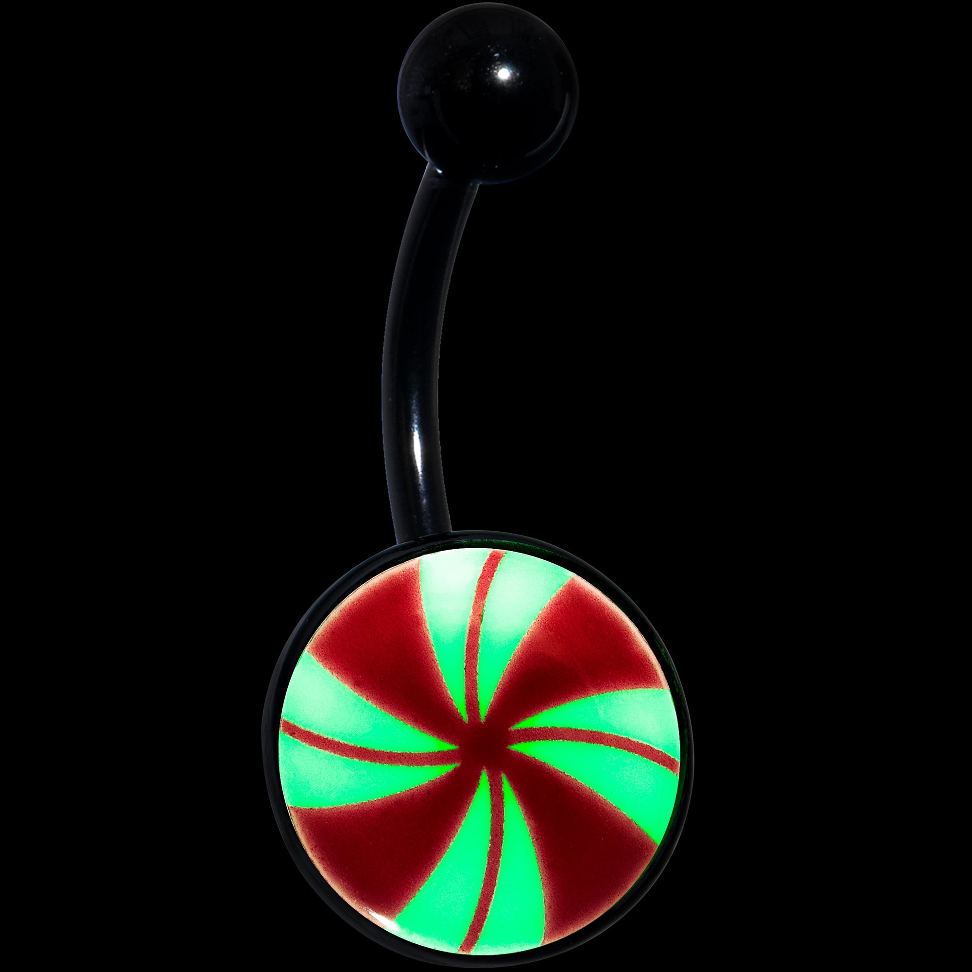BodyCandy Black Glow in the Dark Holiday Peppermint Candy Belly Ring by Onyx O — detail close-up