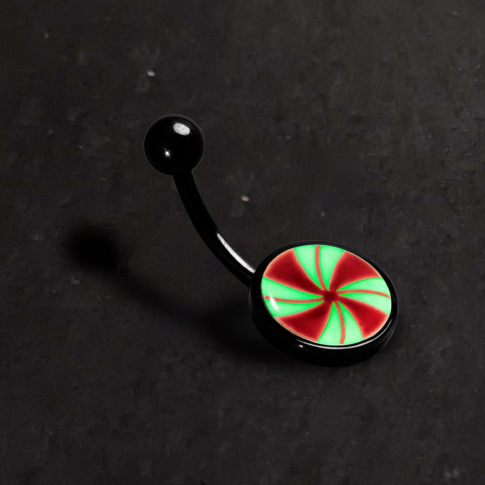 BodyCandy Black Glow in the Dark Holiday Peppermint Candy Belly Ring by Onyx O — back view