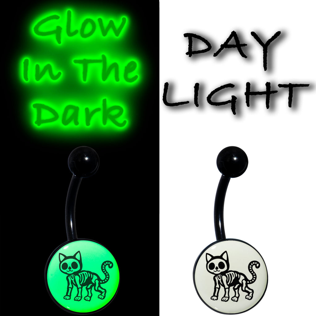 BodyCandy Black Anodized Glow in the Dark Skeleton Kitty Cat Belly Ring by Onyx O — detail close-up